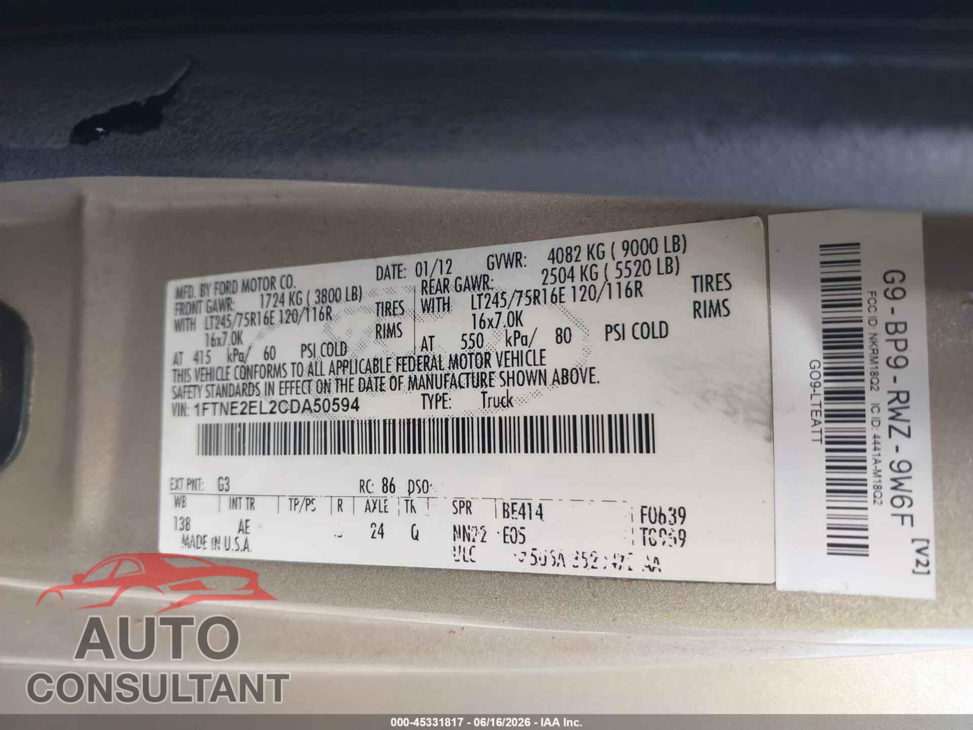 FORD E-250 2012 - 1FTNE2EL2CDA50594