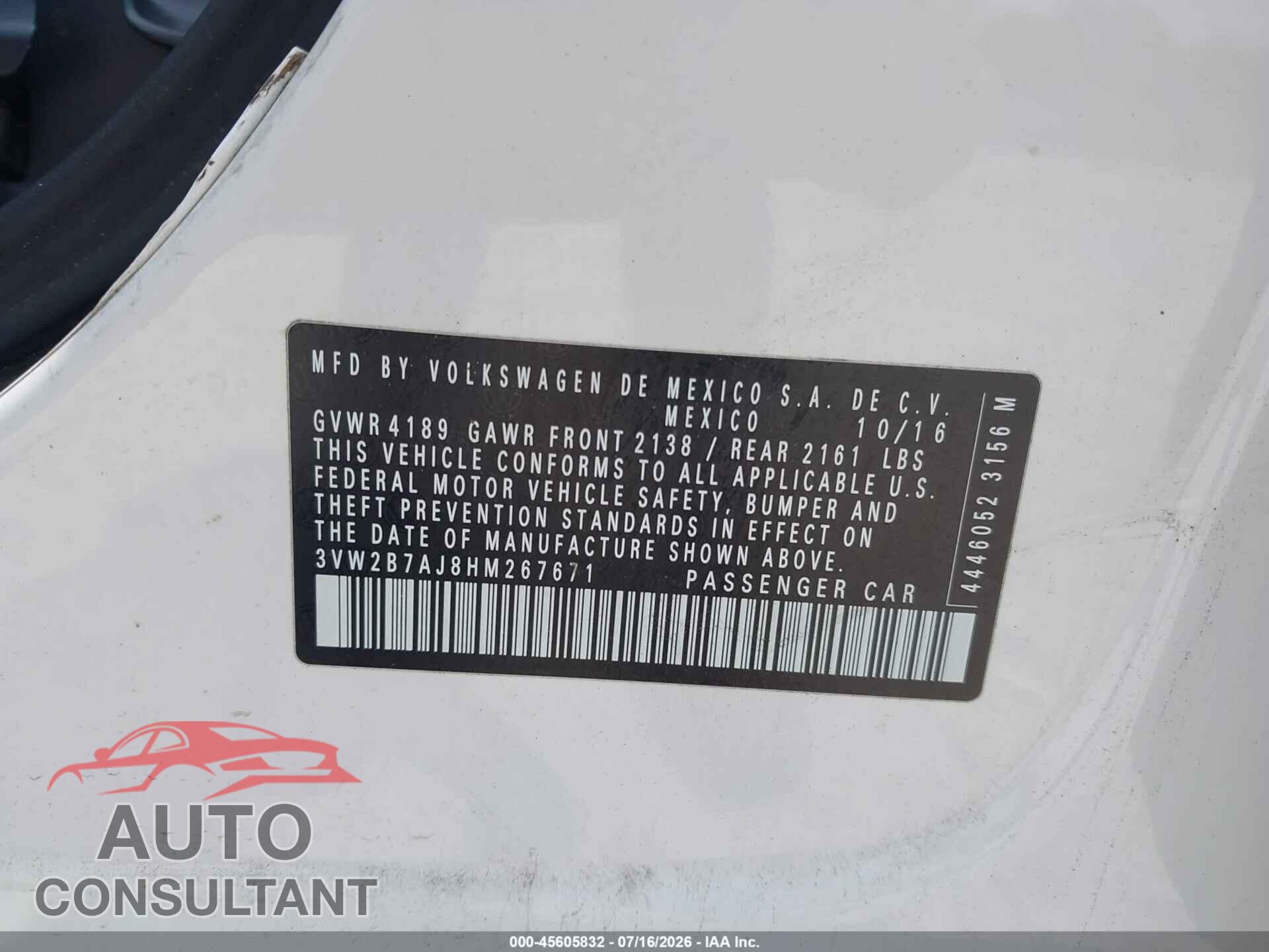 VOLKSWAGEN JETTA 2017 - 3VW2B7AJ8HM267671