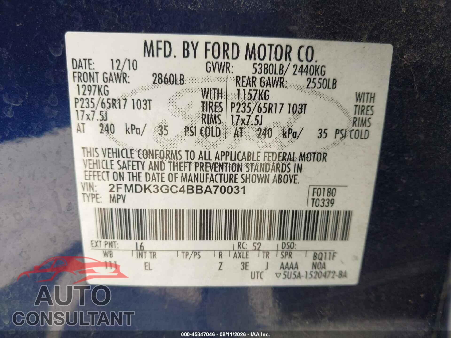 FORD EDGE 2011 - 2FMDK3GC4BBA70031