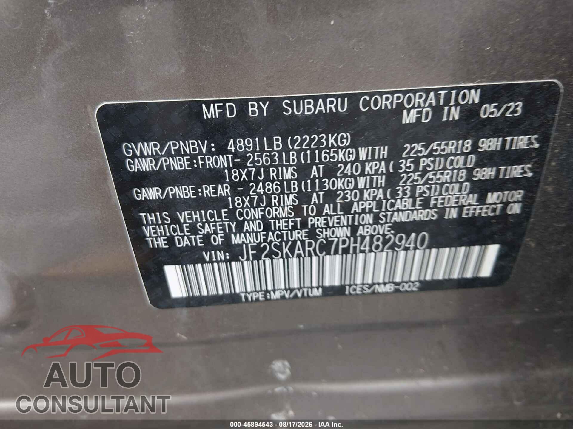 SUBARU FORESTER 2023 - JF2SKARC7PH482940