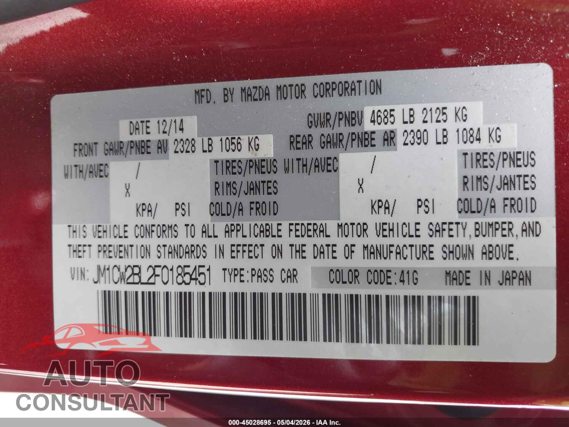 MAZDA MAZDA5 2015 - JM1CW2BL2F0185451