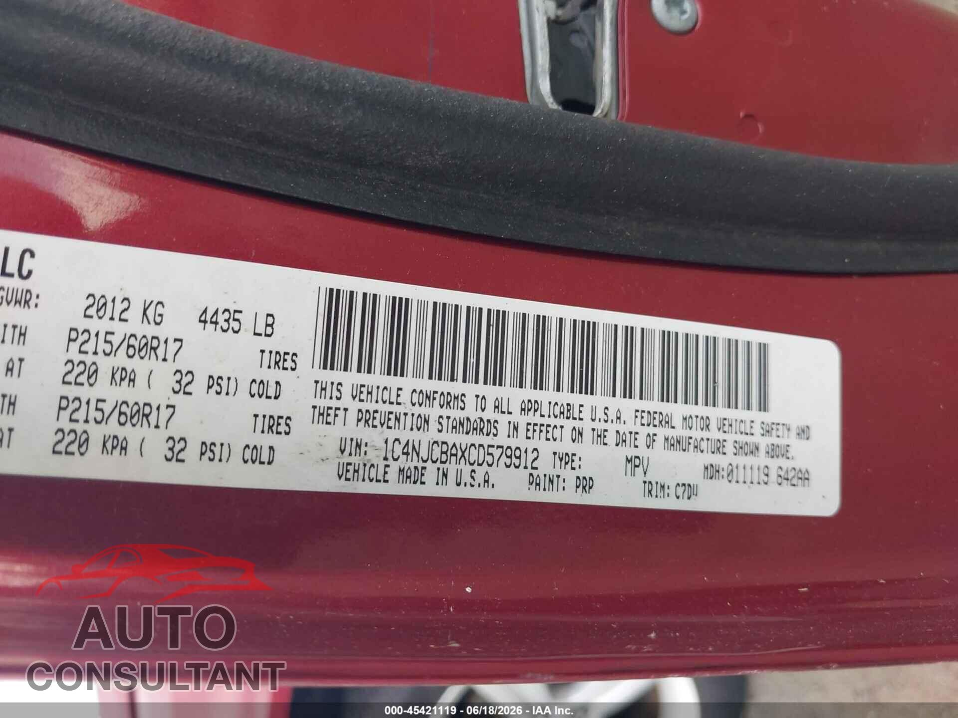 JEEP COMPASS 2012 - 1C4NJCBAXCD579912
