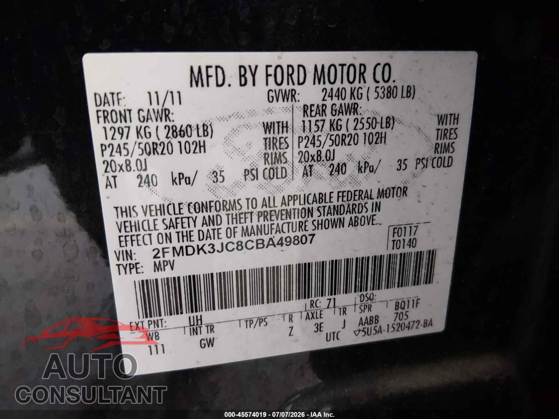 FORD EDGE 2012 - 2FMDK3JC8CBA49807
