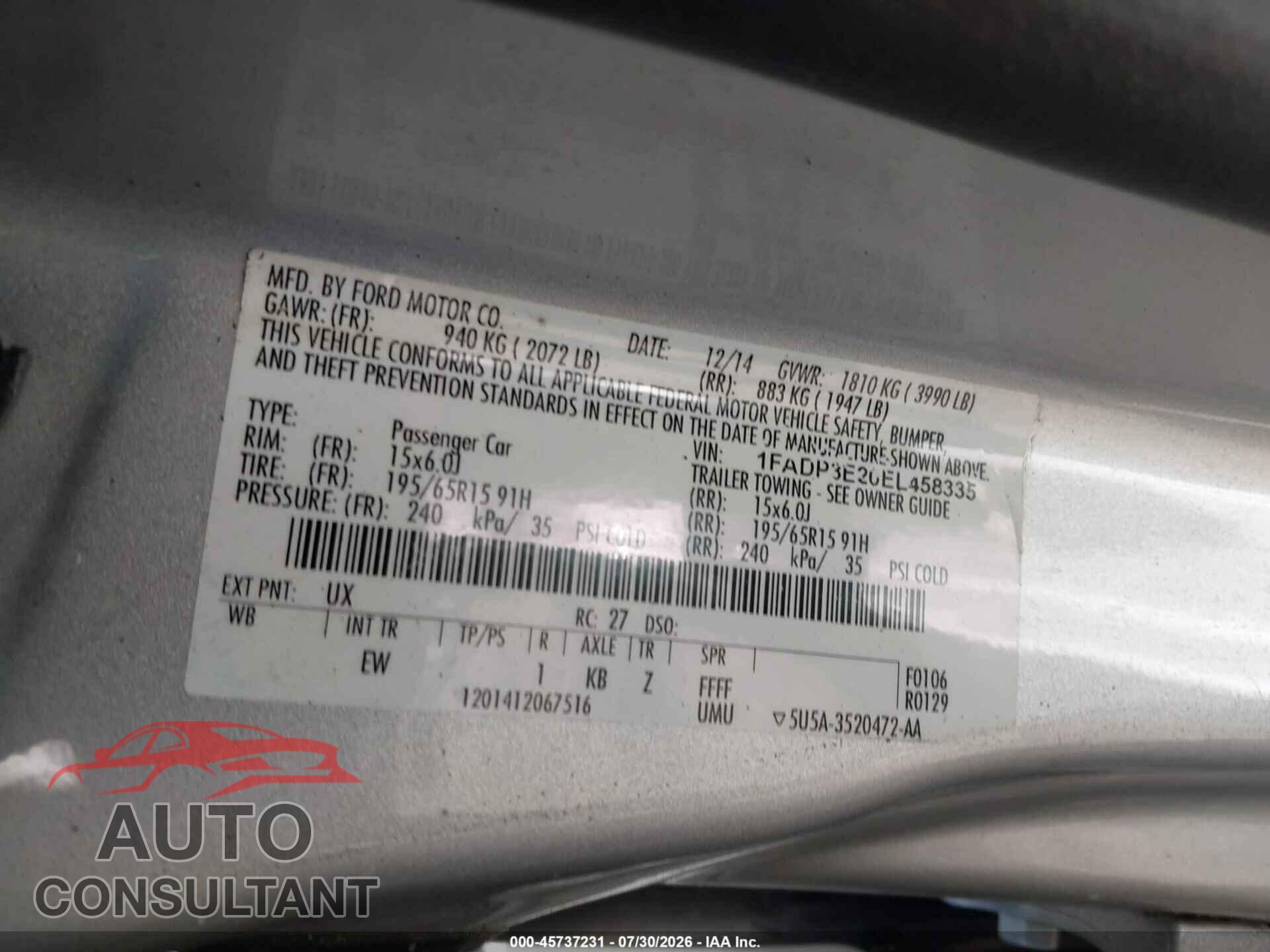 FORD FOCUS 2014 - 1FADP3E20EL458335