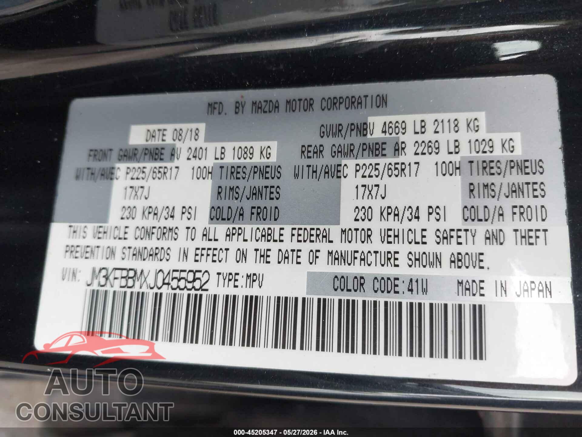 MAZDA CX-5 2018 - JM3KFBBMXJ0455952