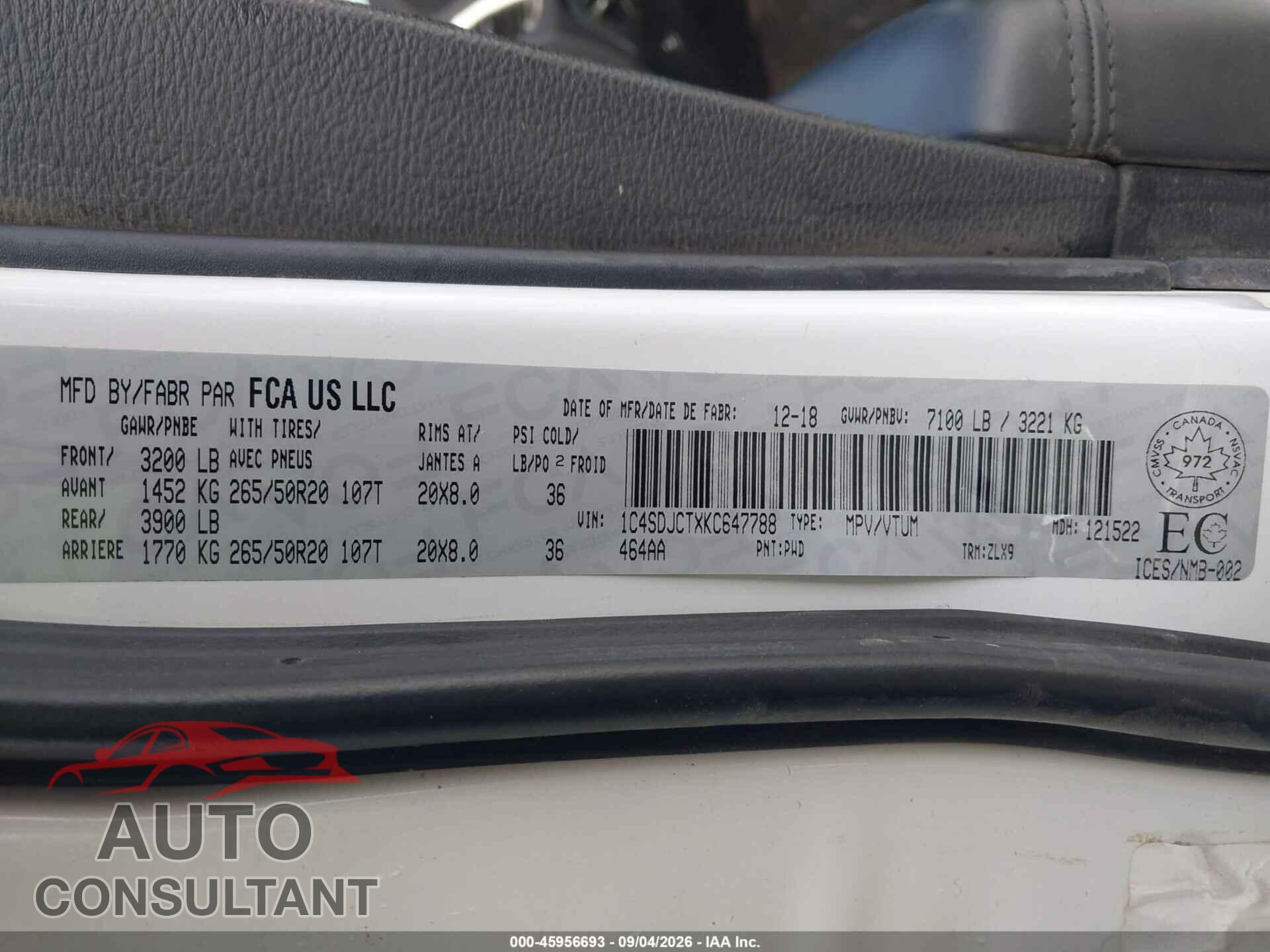 DODGE DURANGO 2019 - 1C4SDJCTXKC647788