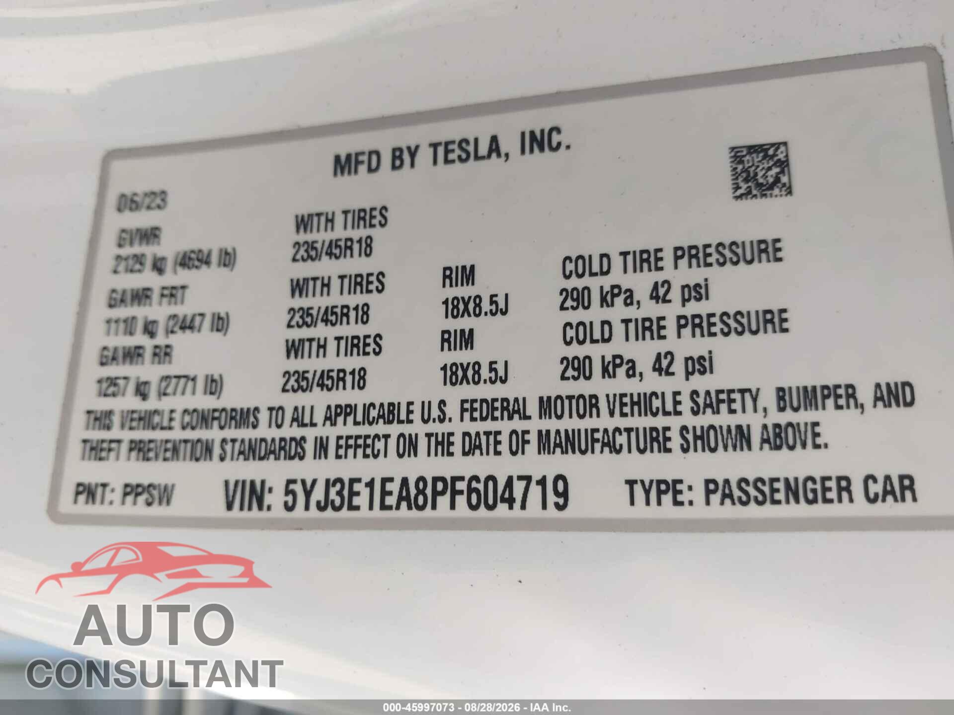 TESLA MODEL 3 2023 - 5YJ3E1EA8PF604719