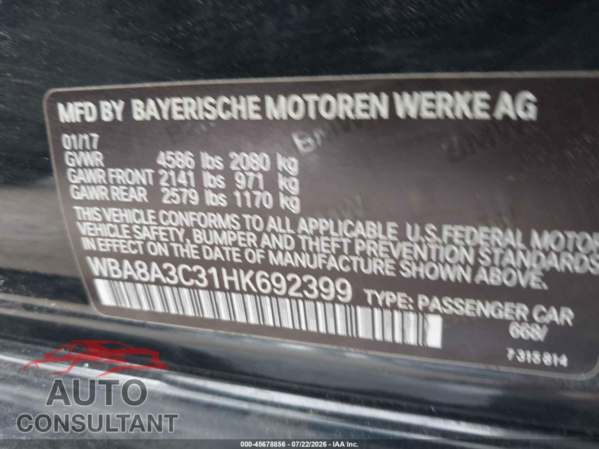BMW 320I 2017 - WBA8A3C31HK692399