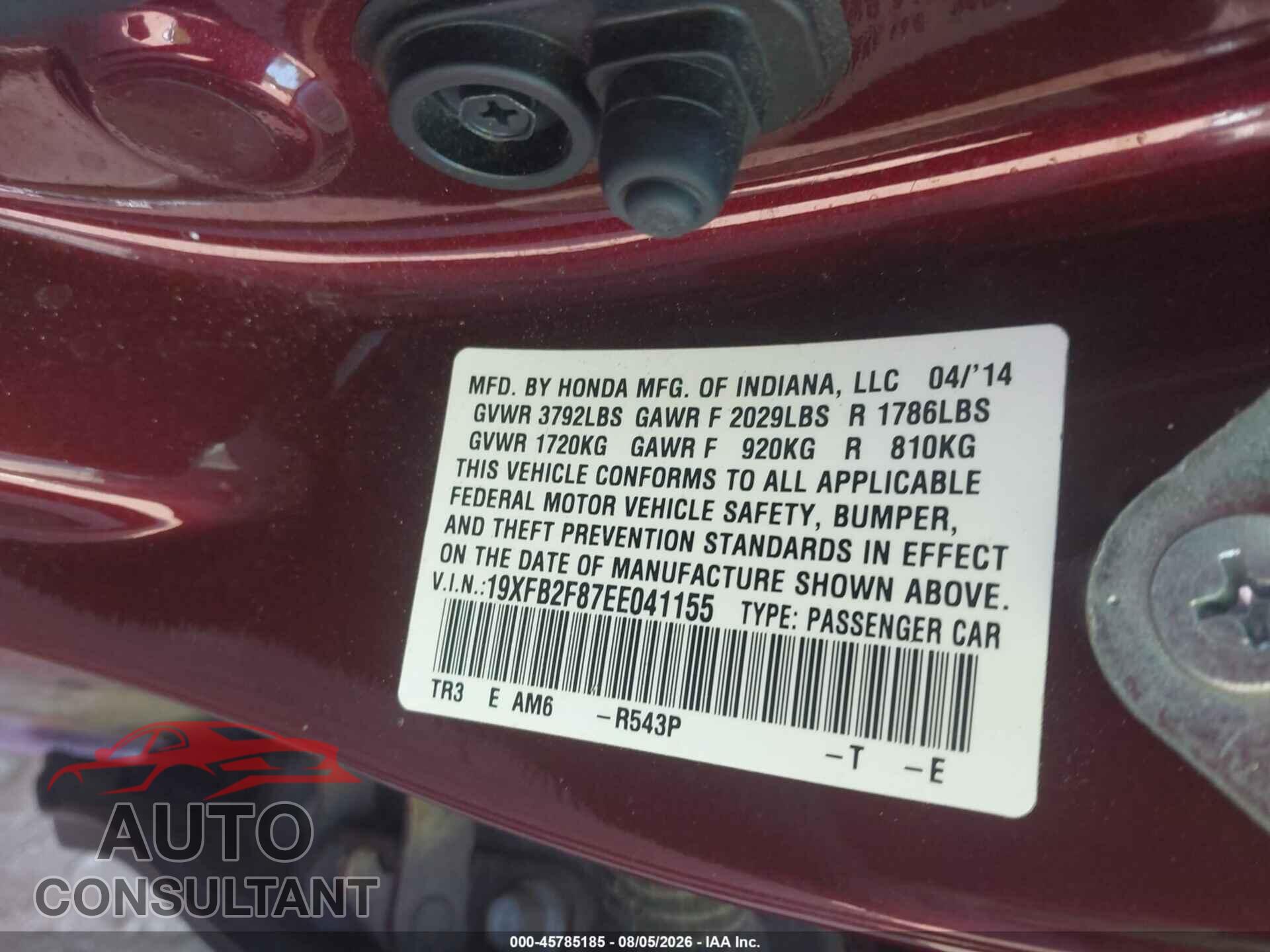 HONDA CIVIC 2014 - 19XFB2F87EE041155