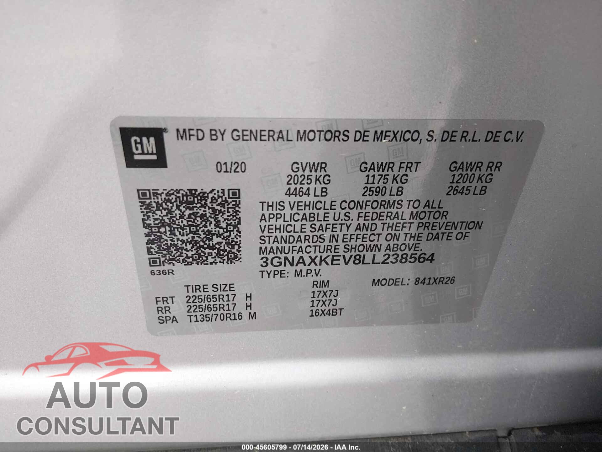 CHEVROLET EQUINOX 2020 - 3GNAXKEV8LL238564