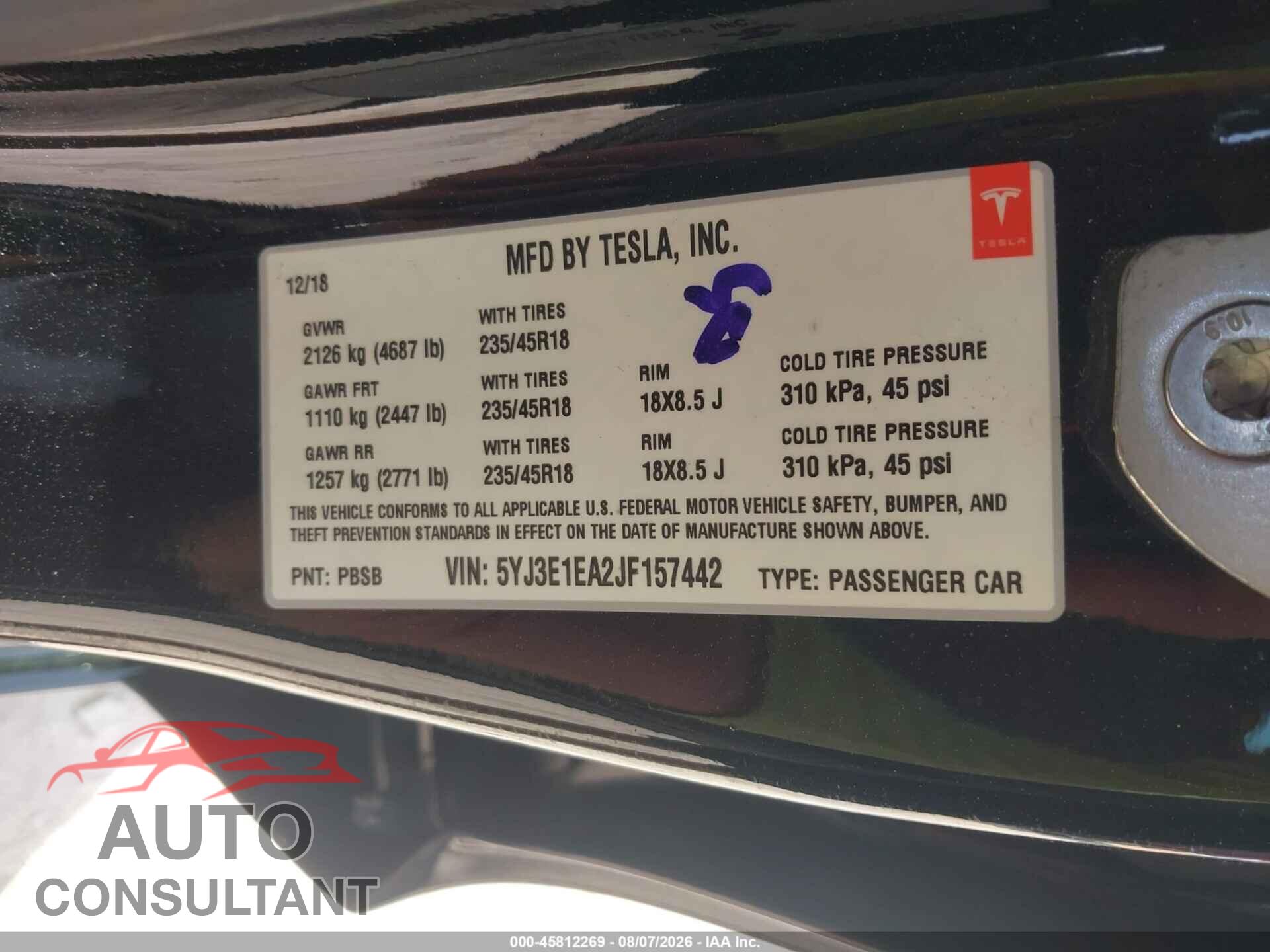 TESLA MODEL 3 2018 - 5YJ3E1EA2JF157442