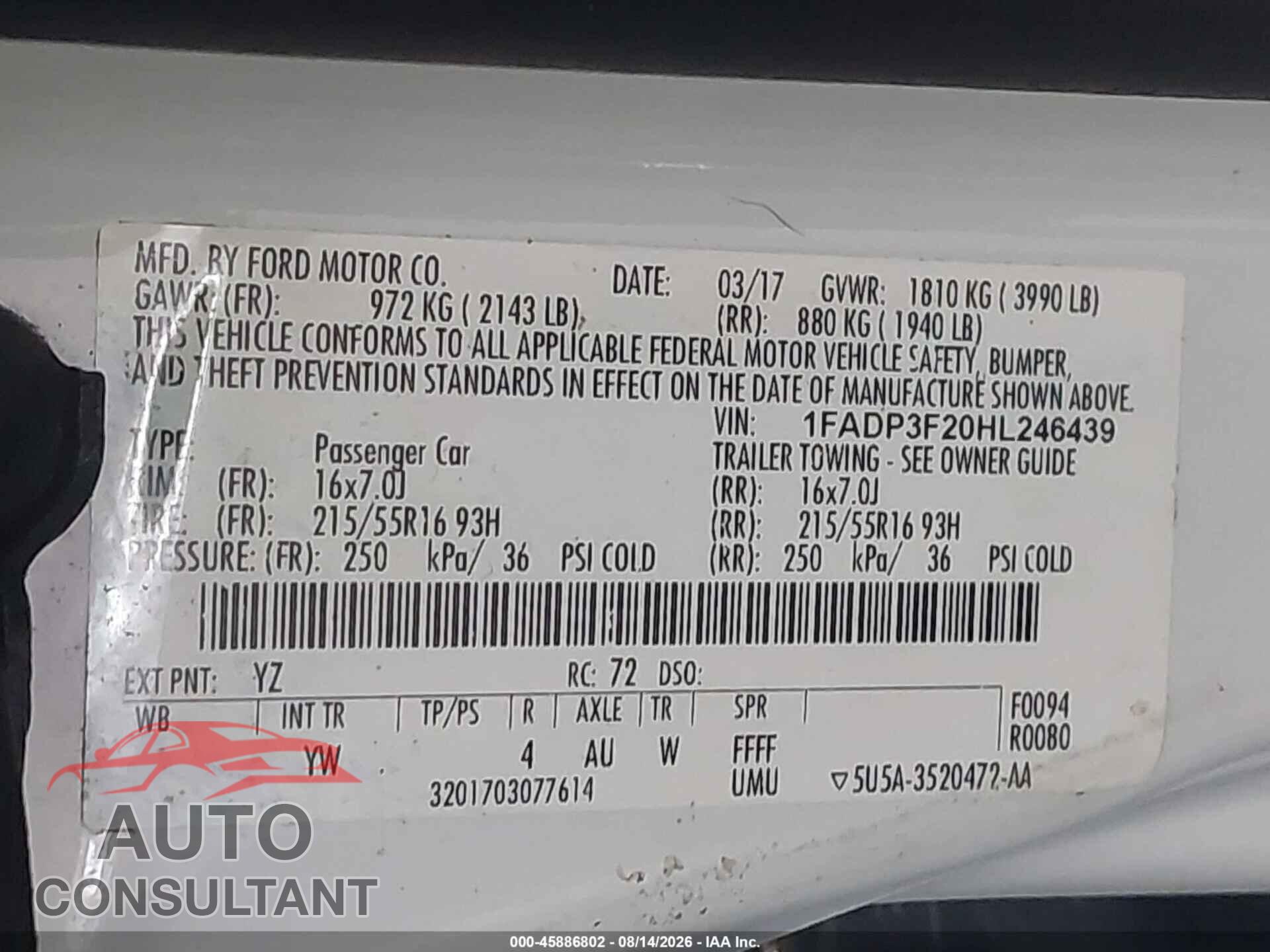 FORD FOCUS 2017 - 1FADP3F20HL246439