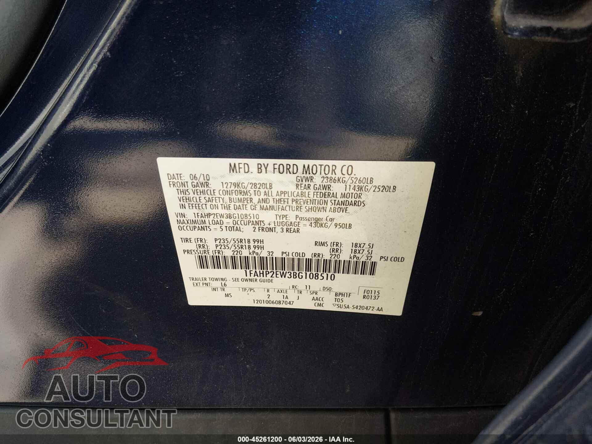 FORD TAURUS 2011 - 1FAHP2EW3BG108510
