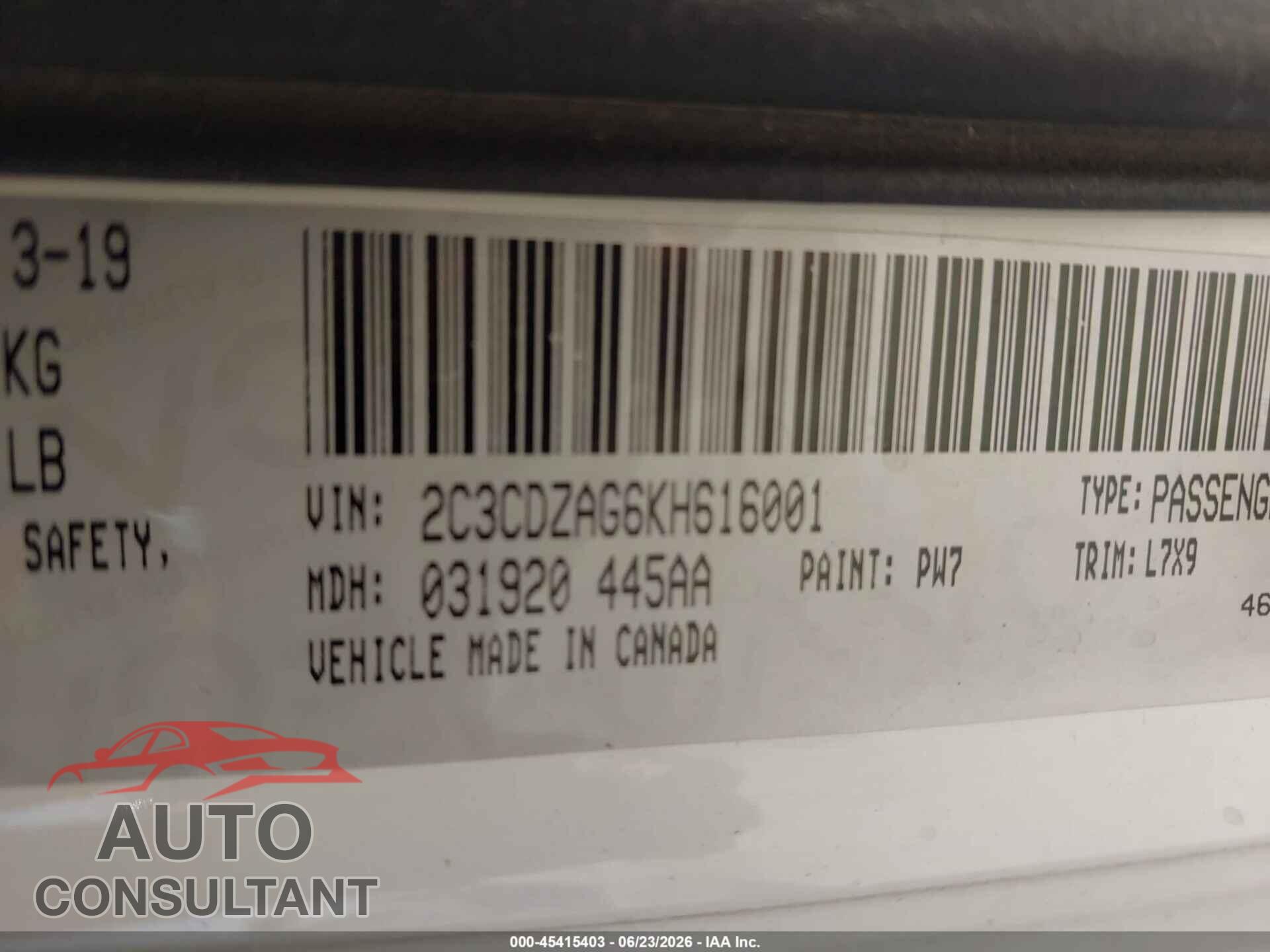 DODGE CHALLENGER 2019 - 2C3CDZAG6KH616001
