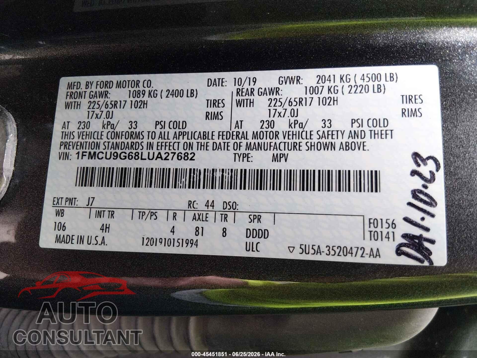 FORD ESCAPE 2020 - 1FMCU9G68LUA27682