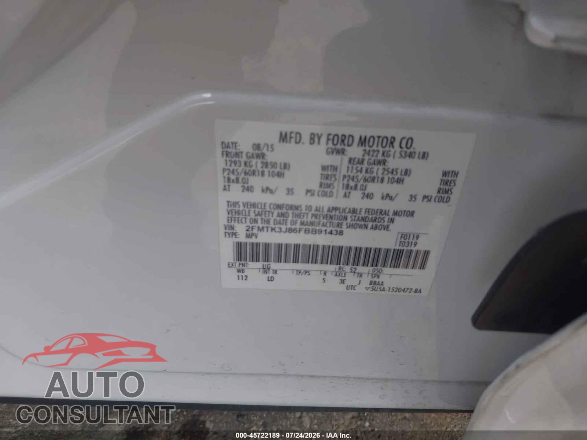 FORD EDGE 2015 - 2FMTK3J86FBB91438