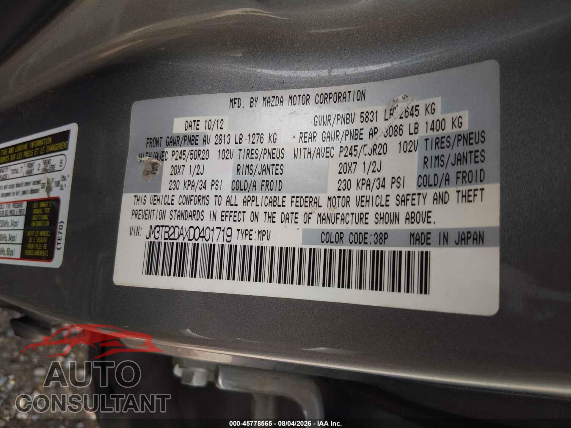 MAZDA CX-9 2013 - JM3TB2DAXD0401719