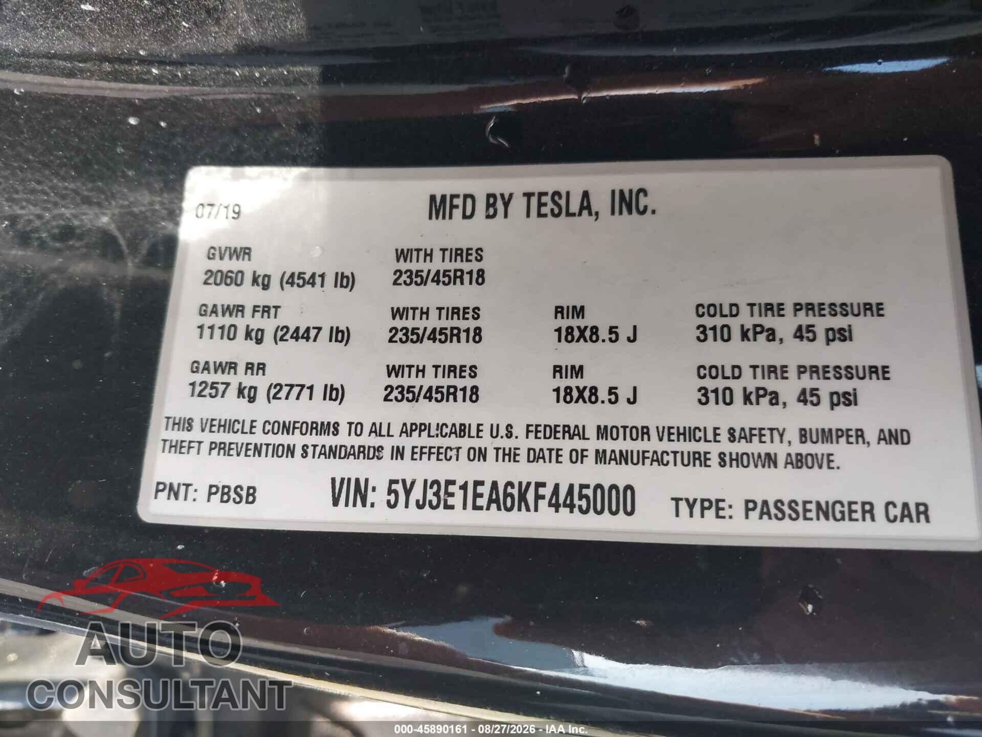 TESLA MODEL 3 2019 - 5YJ3E1EA6KF445000