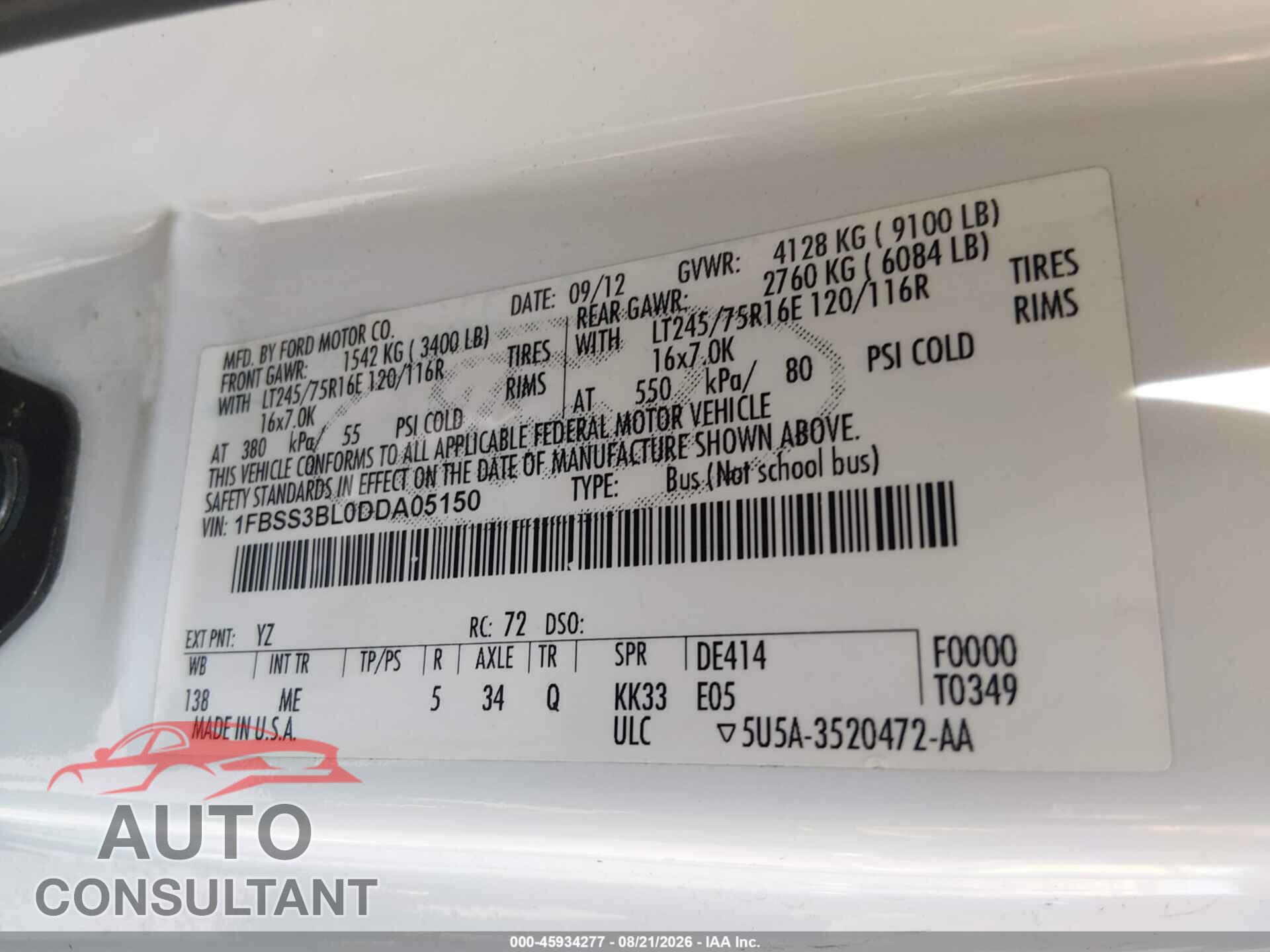 FORD E-350 SUPER DUTY 2013 - 1FBSS3BL0DDA05150