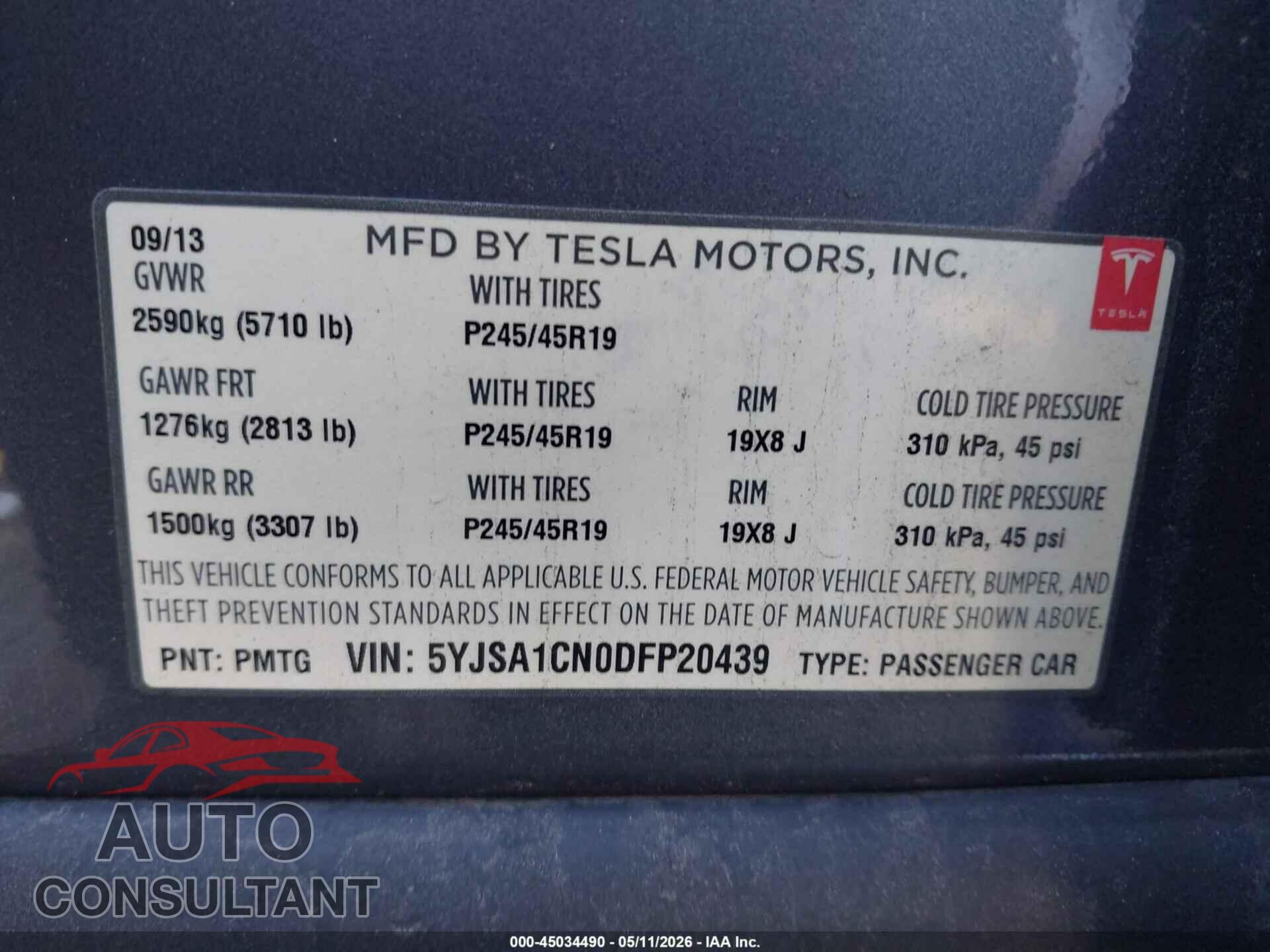 TESLA MODEL S 2013 - 5YJSA1CN0DFP20439
