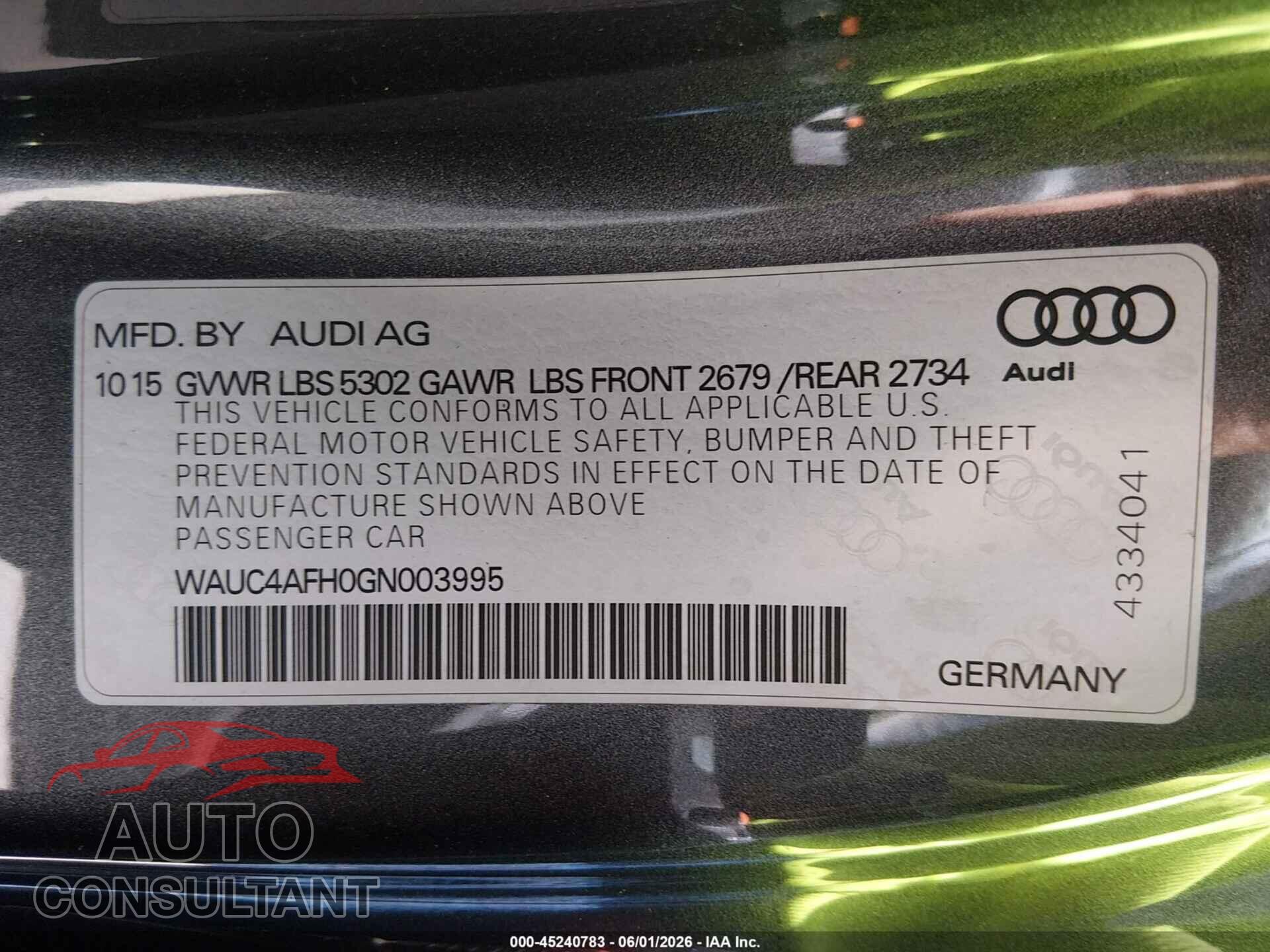 AUDI S5 2016 - WAUC4AFH0GN003995