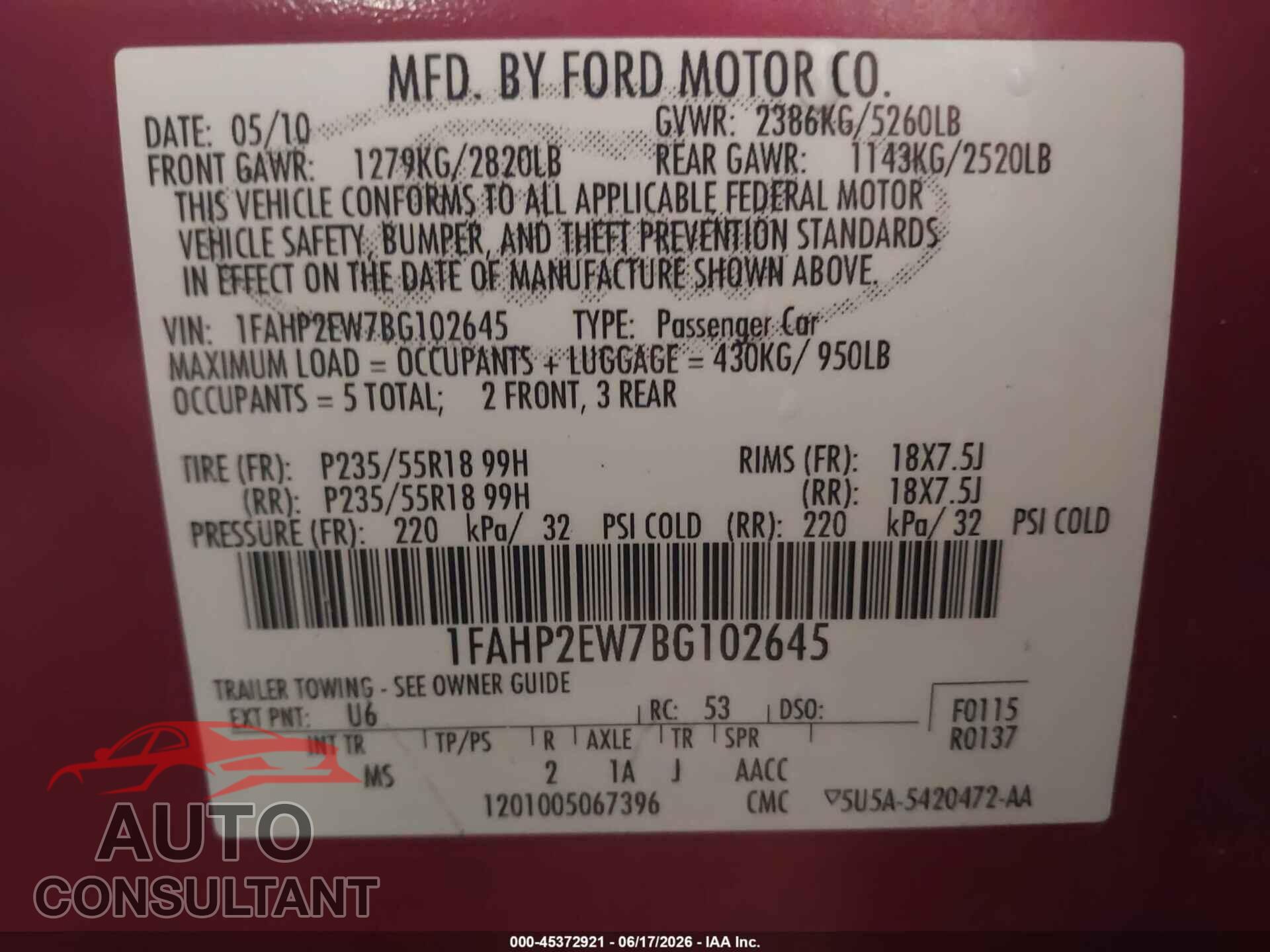 FORD TAURUS 2011 - 1FAHP2EW7BG102645