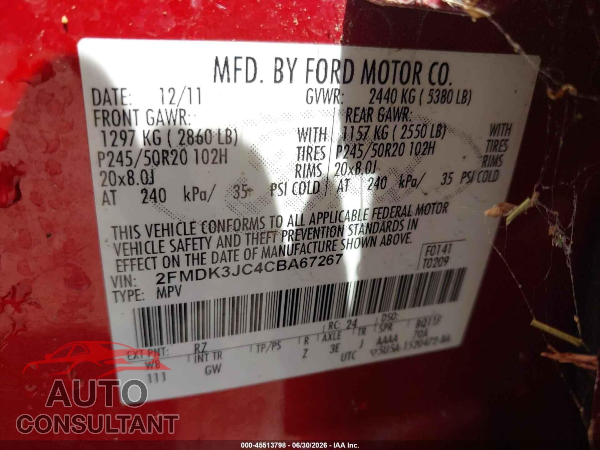 FORD EDGE 2012 - 2FMDK3JC4CBA67267