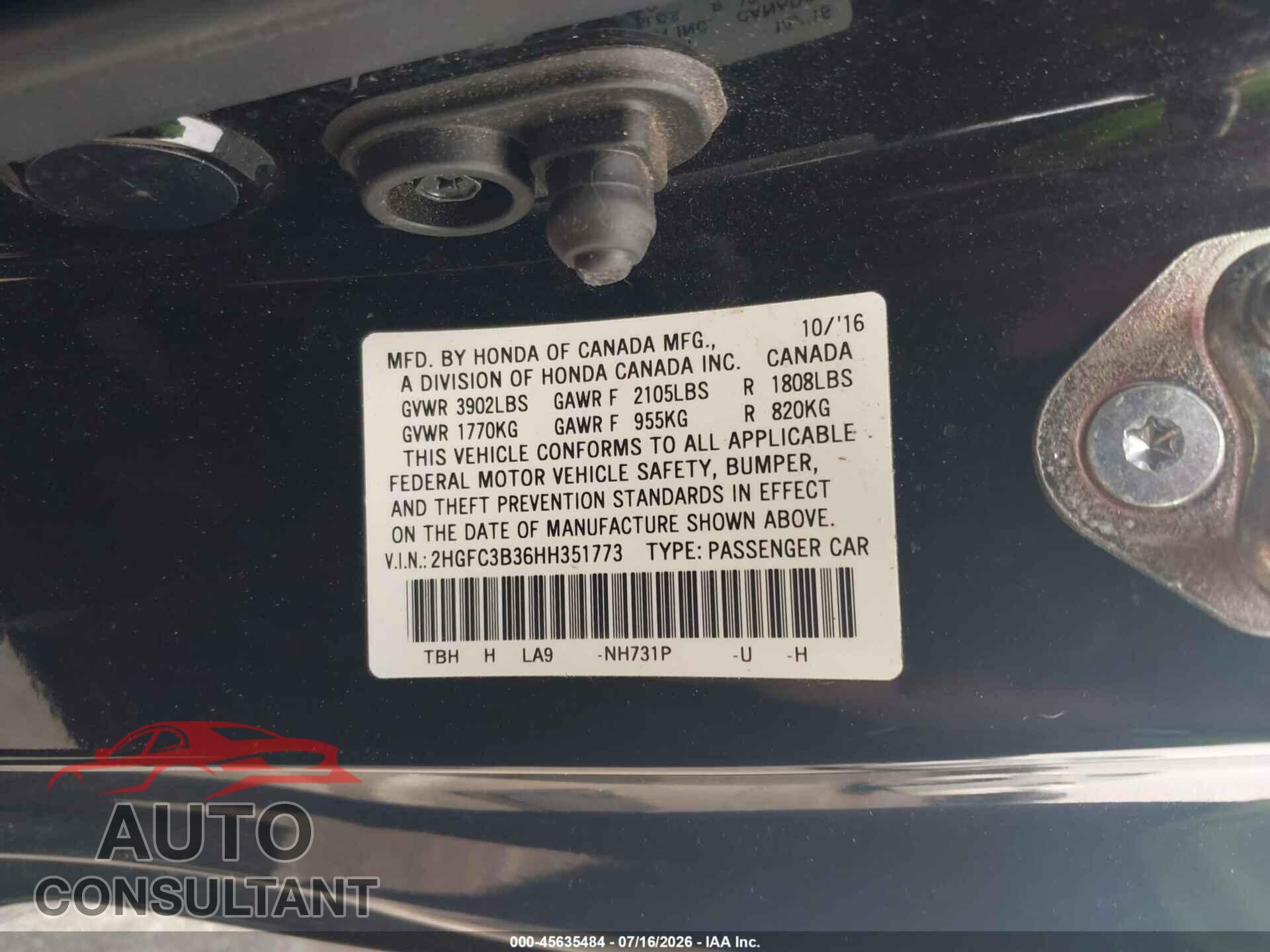 HONDA CIVIC 2017 - 2HGFC3B36HH351773