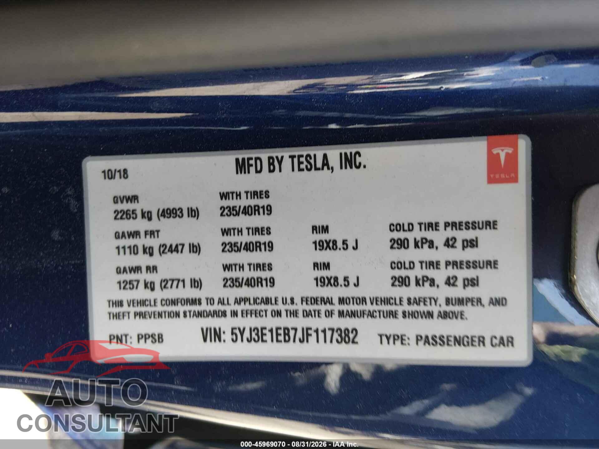 TESLA MODEL 3 2018 - 5YJ3E1EB7JF117382