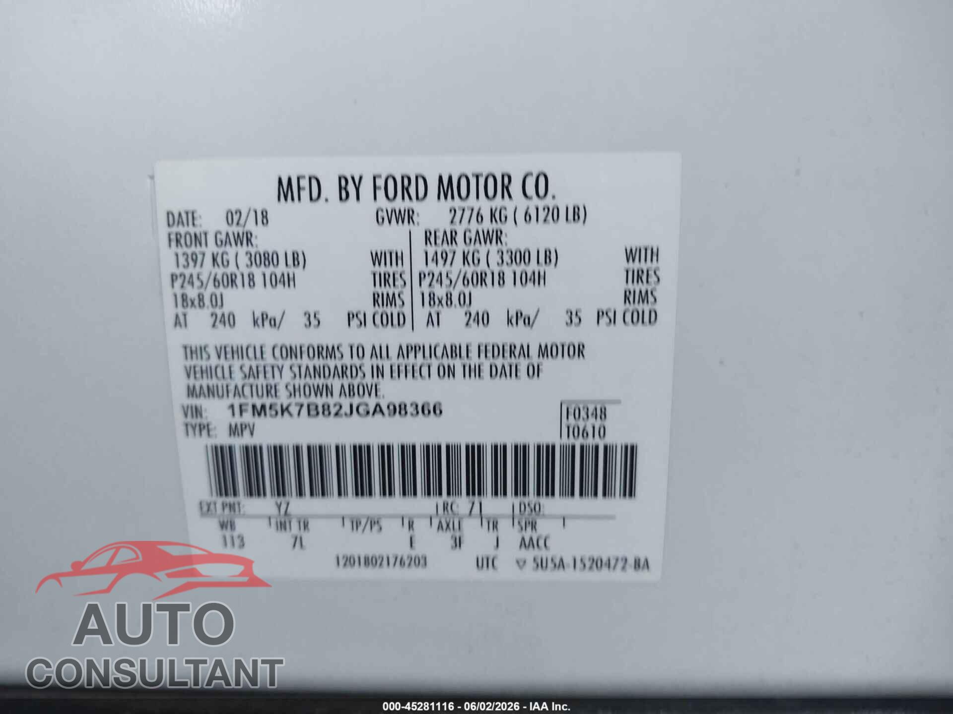 FORD EXPLORER 2018 - 1FM5K7B82JGA98366