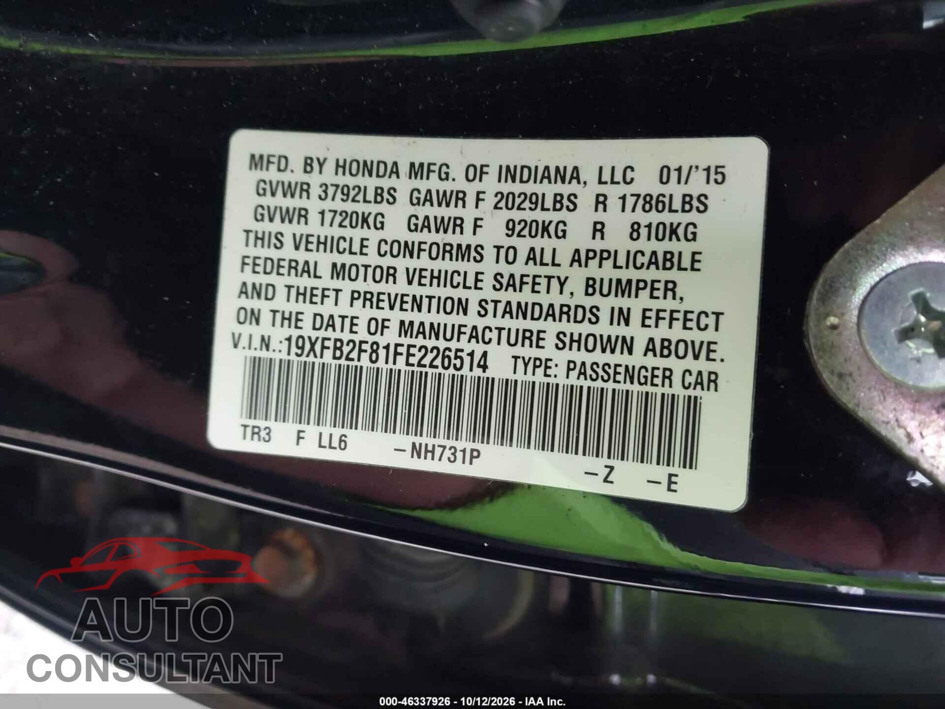 HONDA CIVIC 2015 - 19XFB2F81FE226514