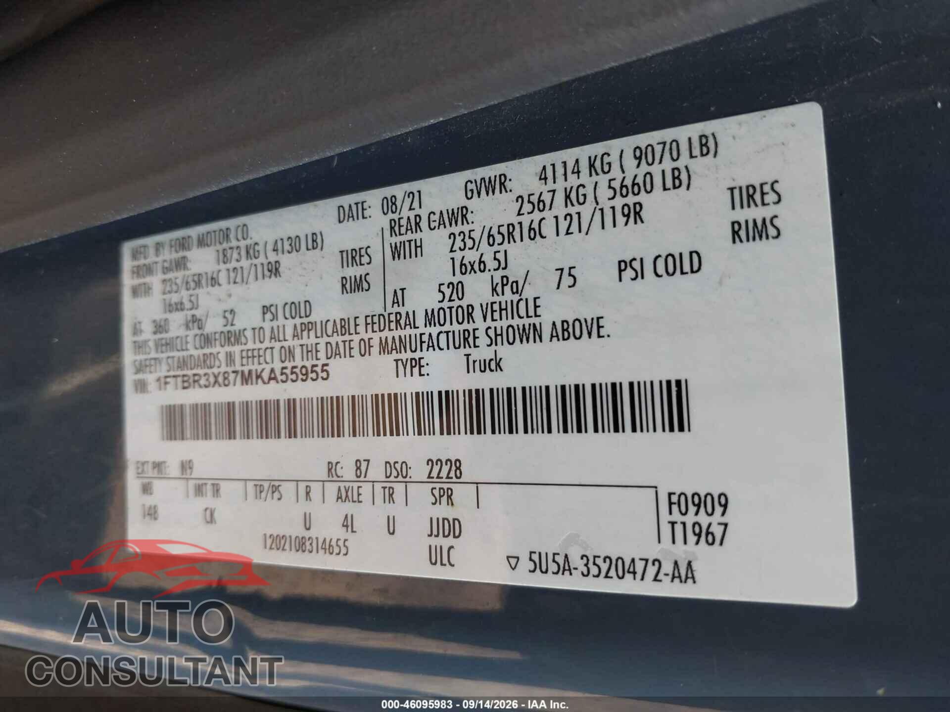FORD TRANSIT-250 CARGO VAN 2021 - 1FTBR3X87MKA55955