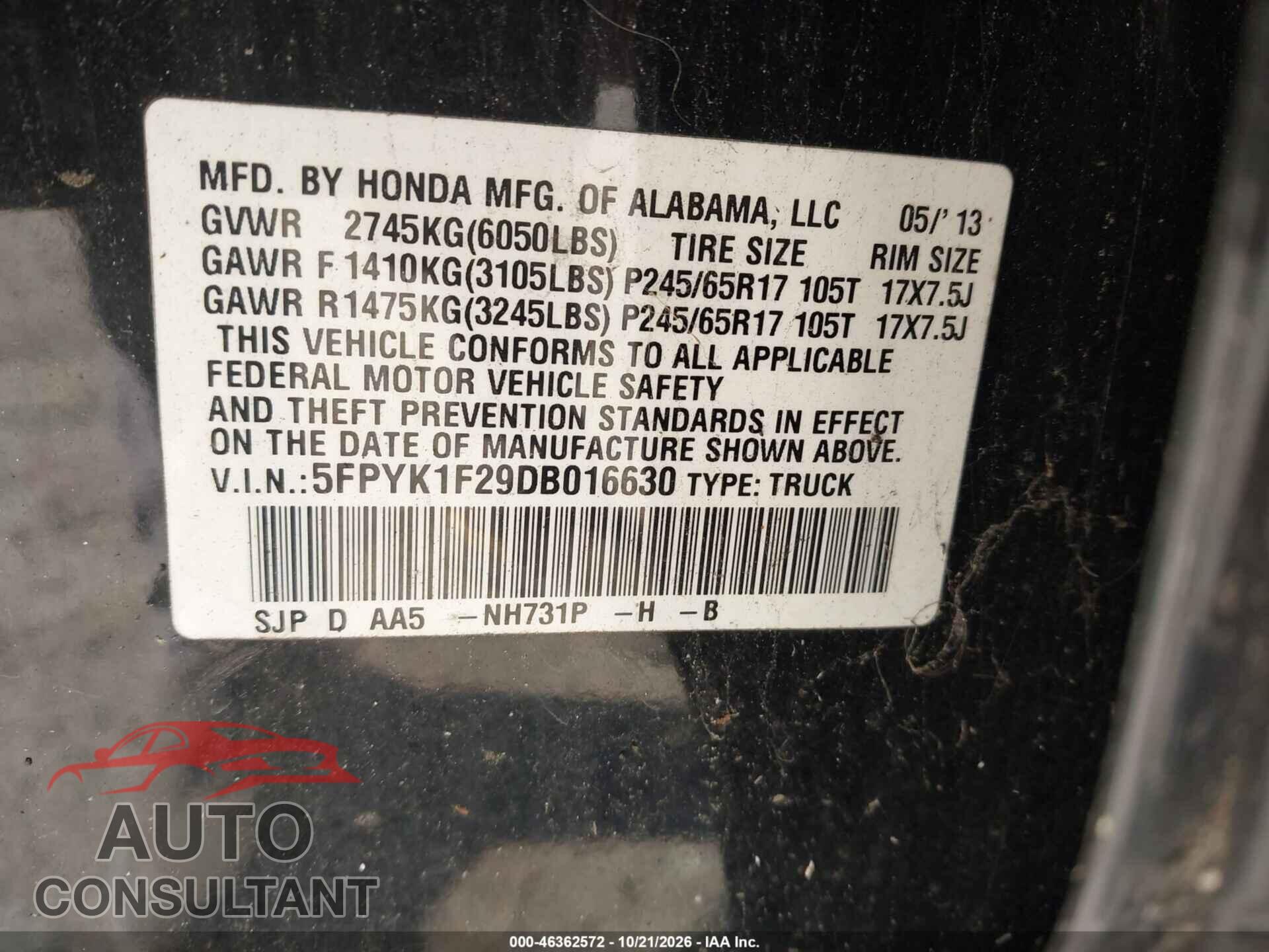 HONDA RIDGELINE 2013 - 5FPYK1F29DB016630