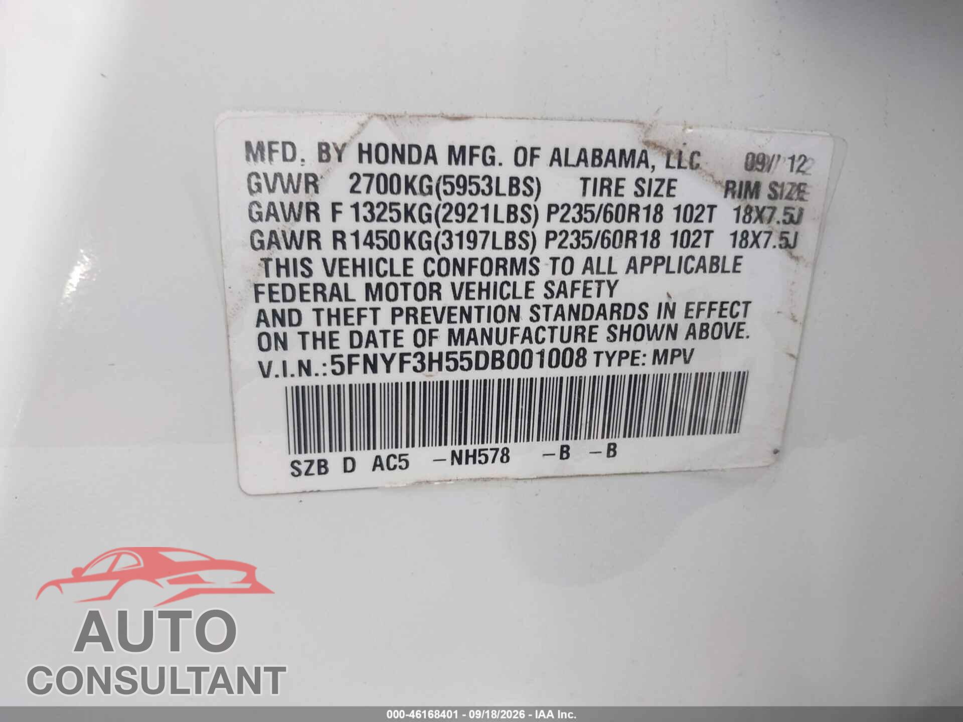 HONDA PILOT 2013 - 5FNYF3H55DB001008