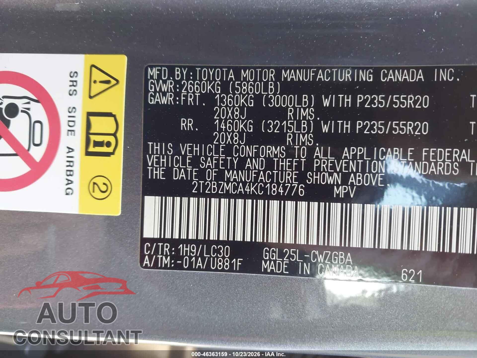 LEXUS RX 350 2019 - 2T2BZMCA4KC184776