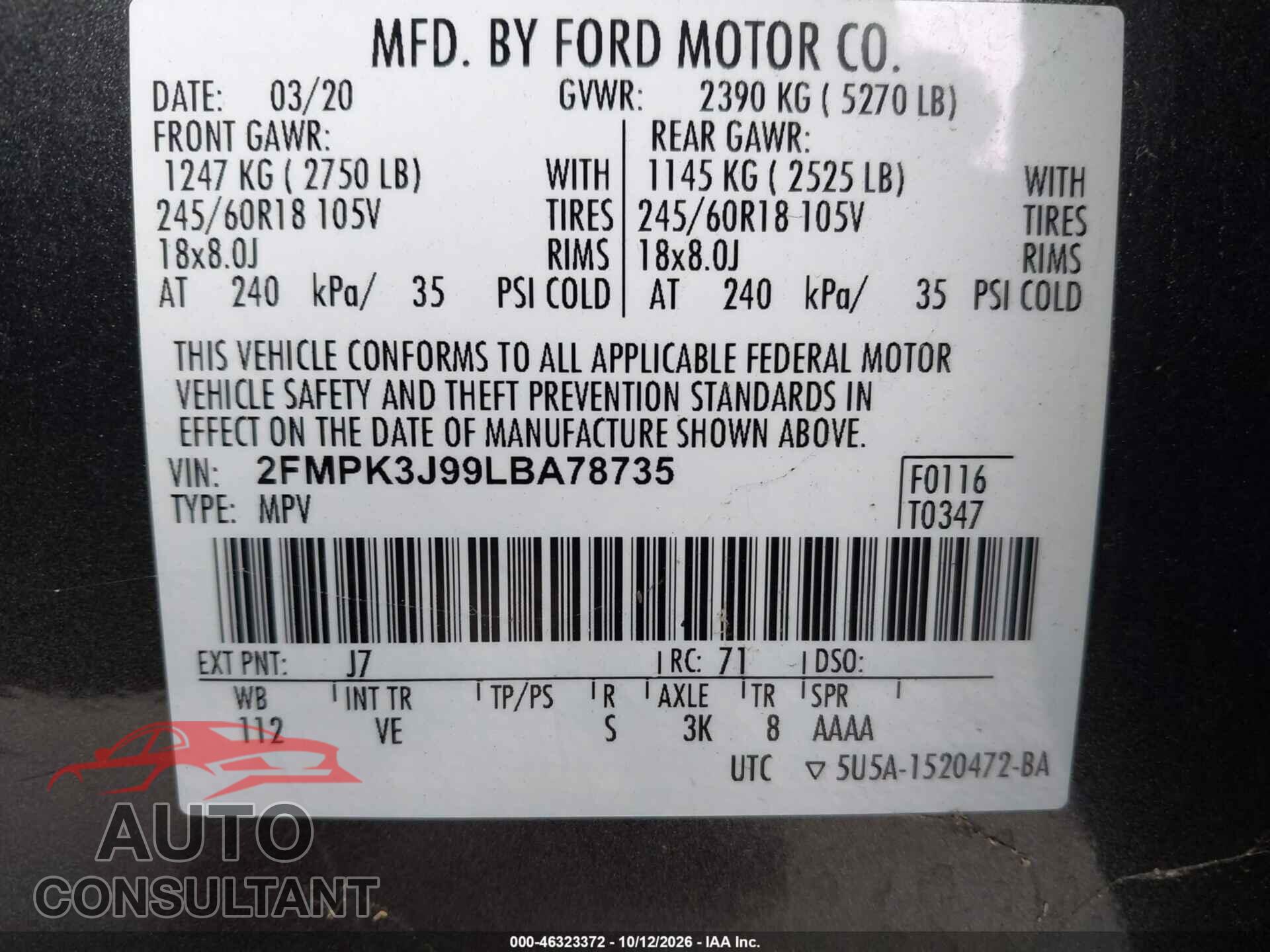 FORD EDGE 2020 - 2FMPK3J99LBA78735