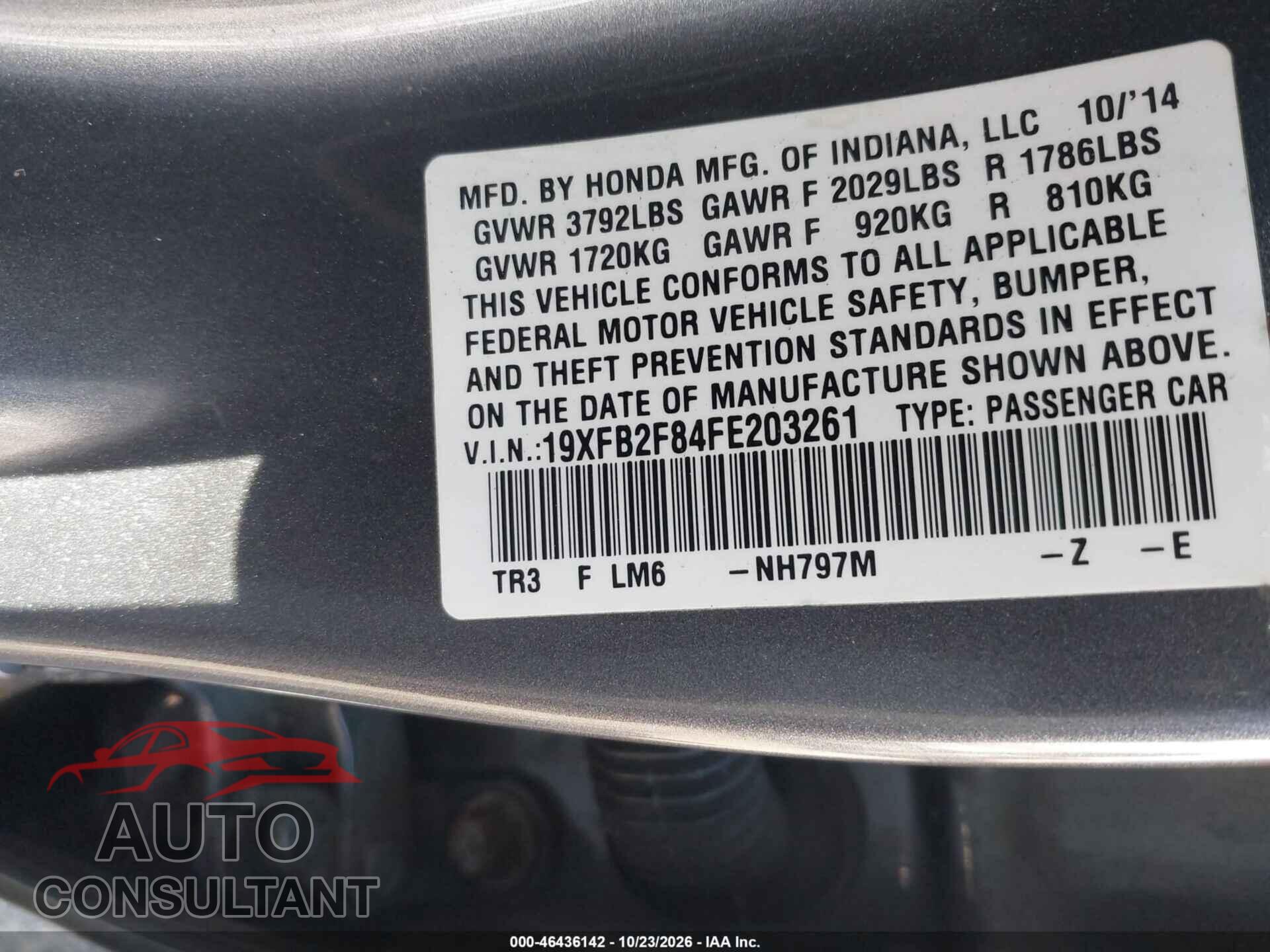 HONDA CIVIC 2015 - 19XFB2F84FE203261