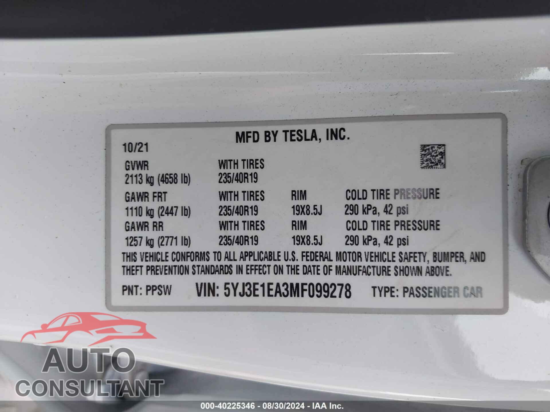 TESLA MODEL 3 2021 - 5YJ3E1EA3MF099278