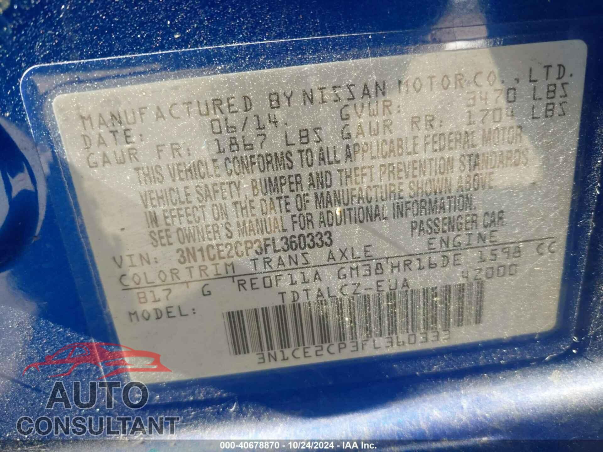 NISSAN VERSA NOTE 2015 - 3N1CE2CP3FL360333