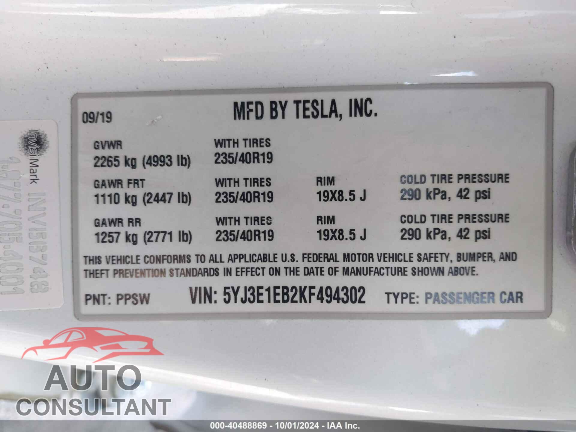 TESLA MODEL 3 2019 - 5YJ3E1EB2KF494302