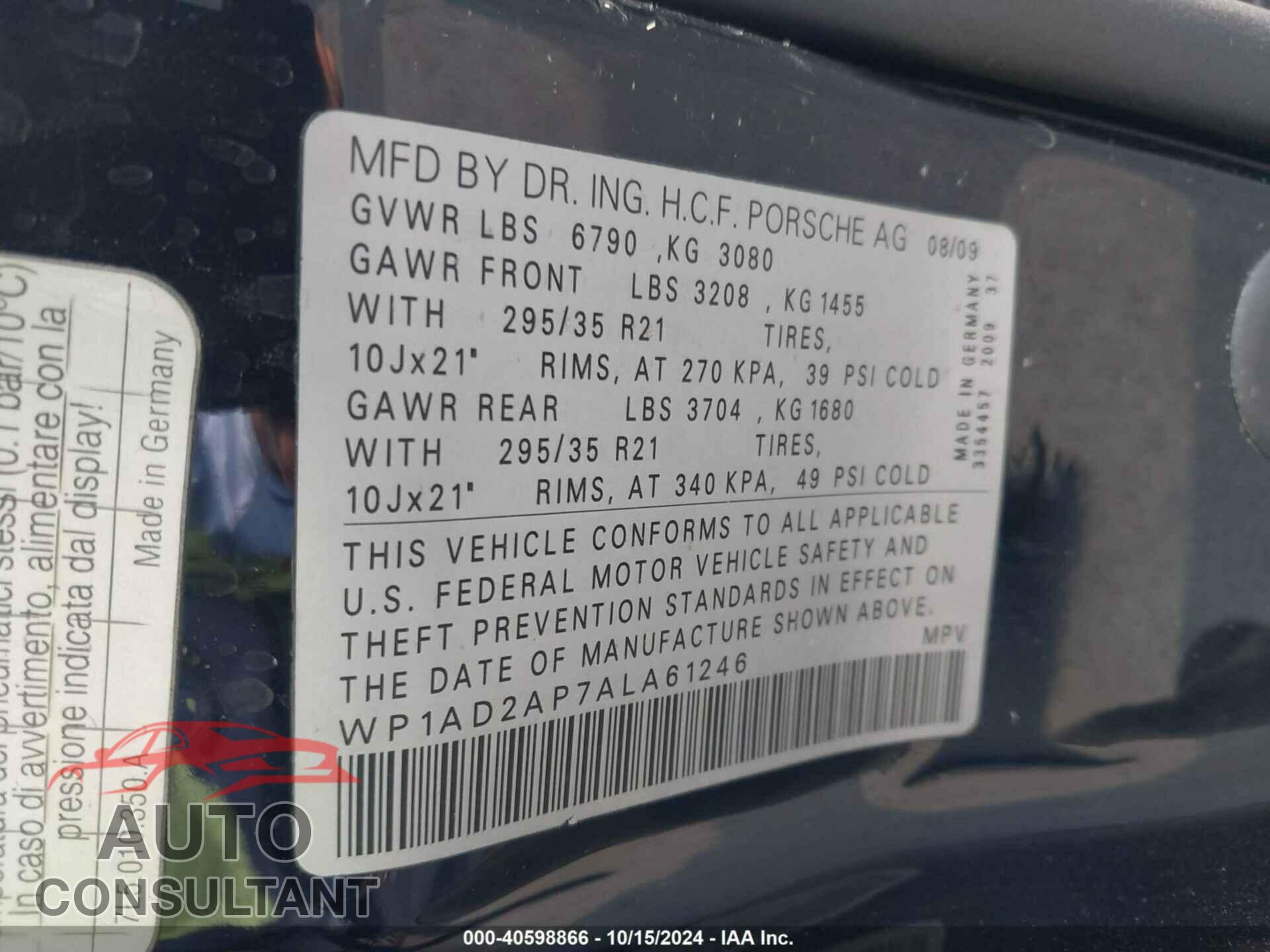 PORSCHE CAYENNE 2010 - WP1AD2AP7ALA61246