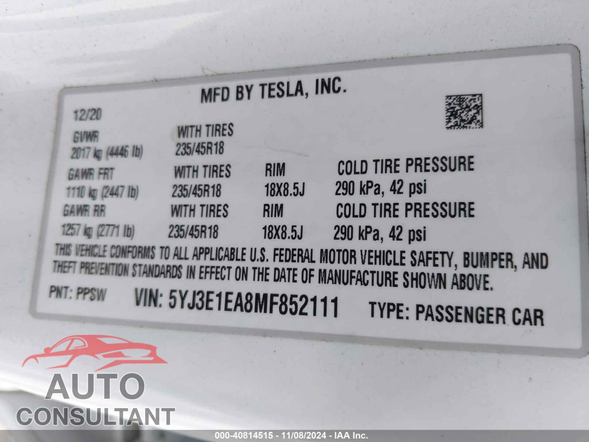 TESLA MODEL 3 2021 - 5YJ3E1EA8MF852111