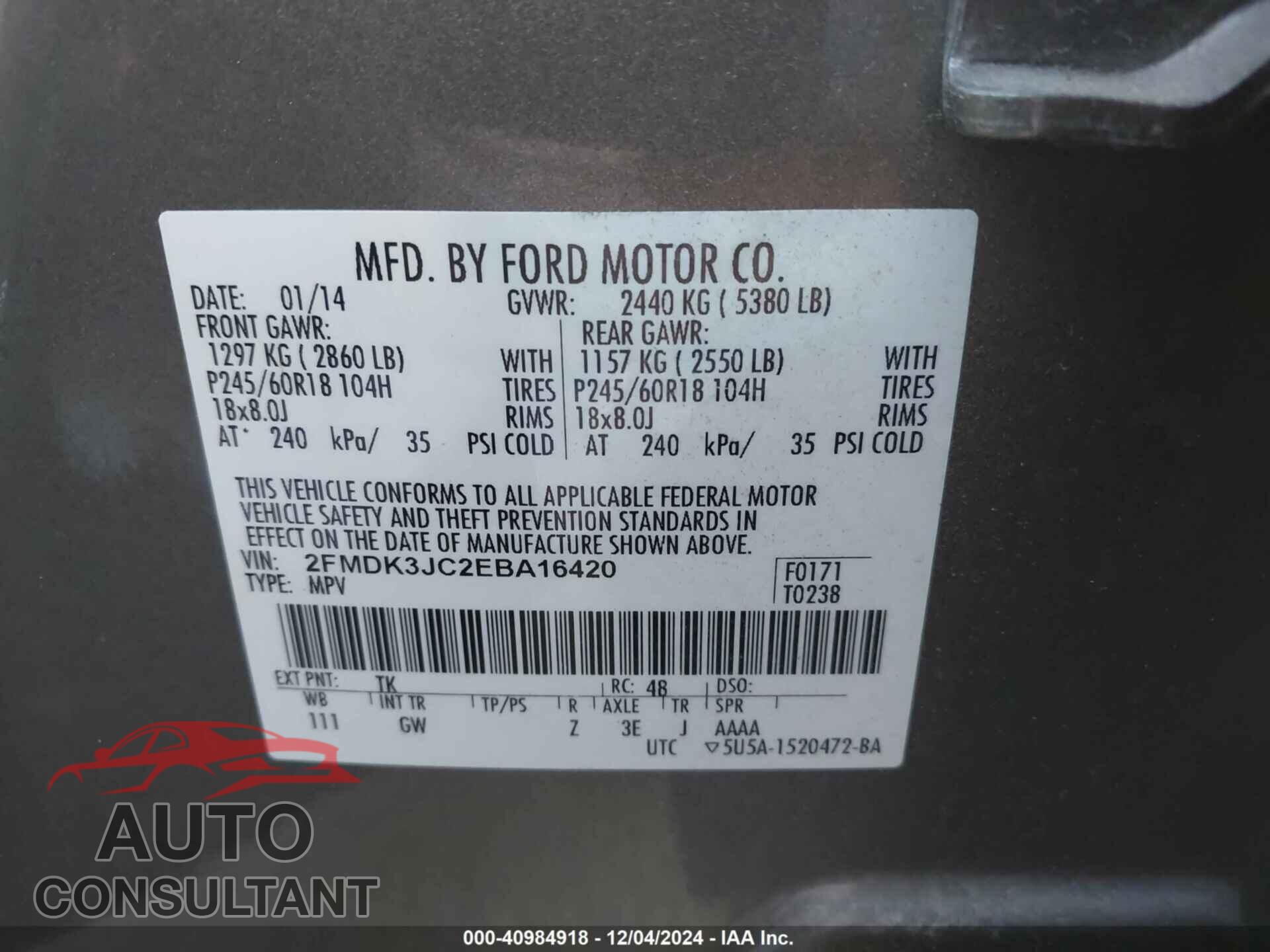 FORD EDGE 2014 - 2FMDK3JC2EBA16420