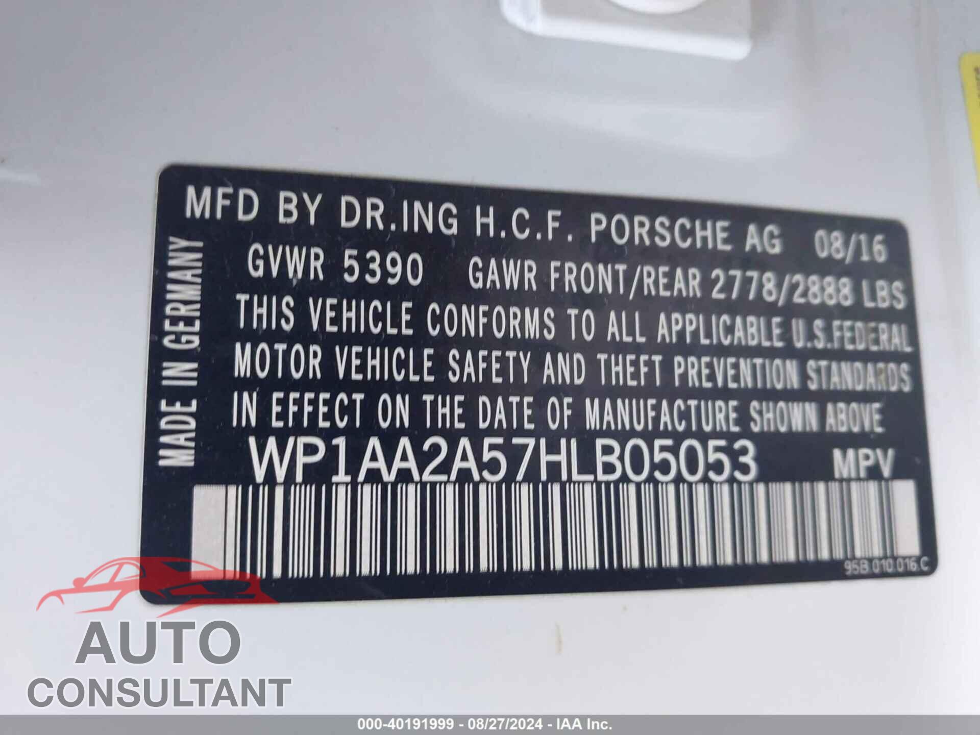 PORSCHE MACAN 2017 - WP1AA2A57HLB05053