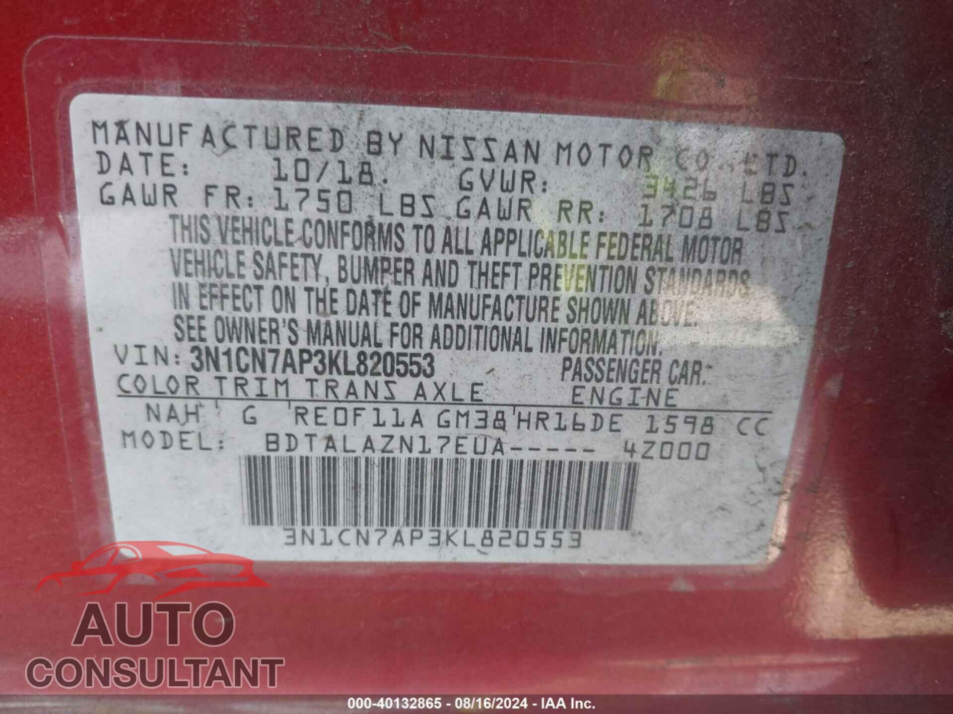 NISSAN VERSA 2019 - 3N1CN7AP3KL820553