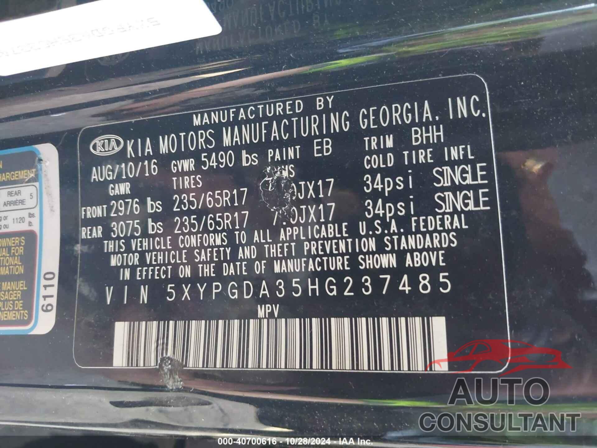 KIA SORENTO 2017 - 5XYPGDA35HG237485