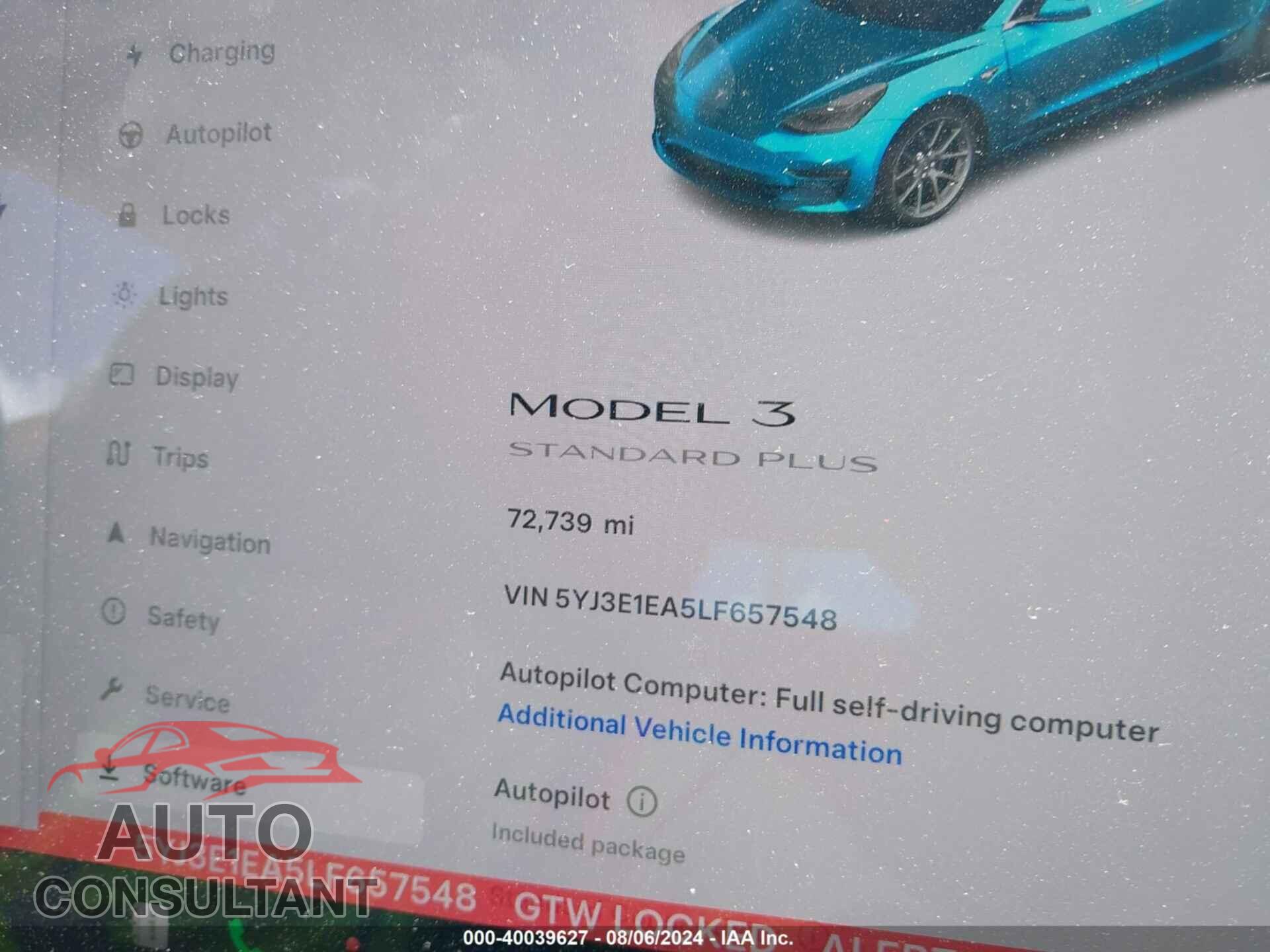TESLA MODEL 3 2020 - 5YJ3E1EA5LF657548