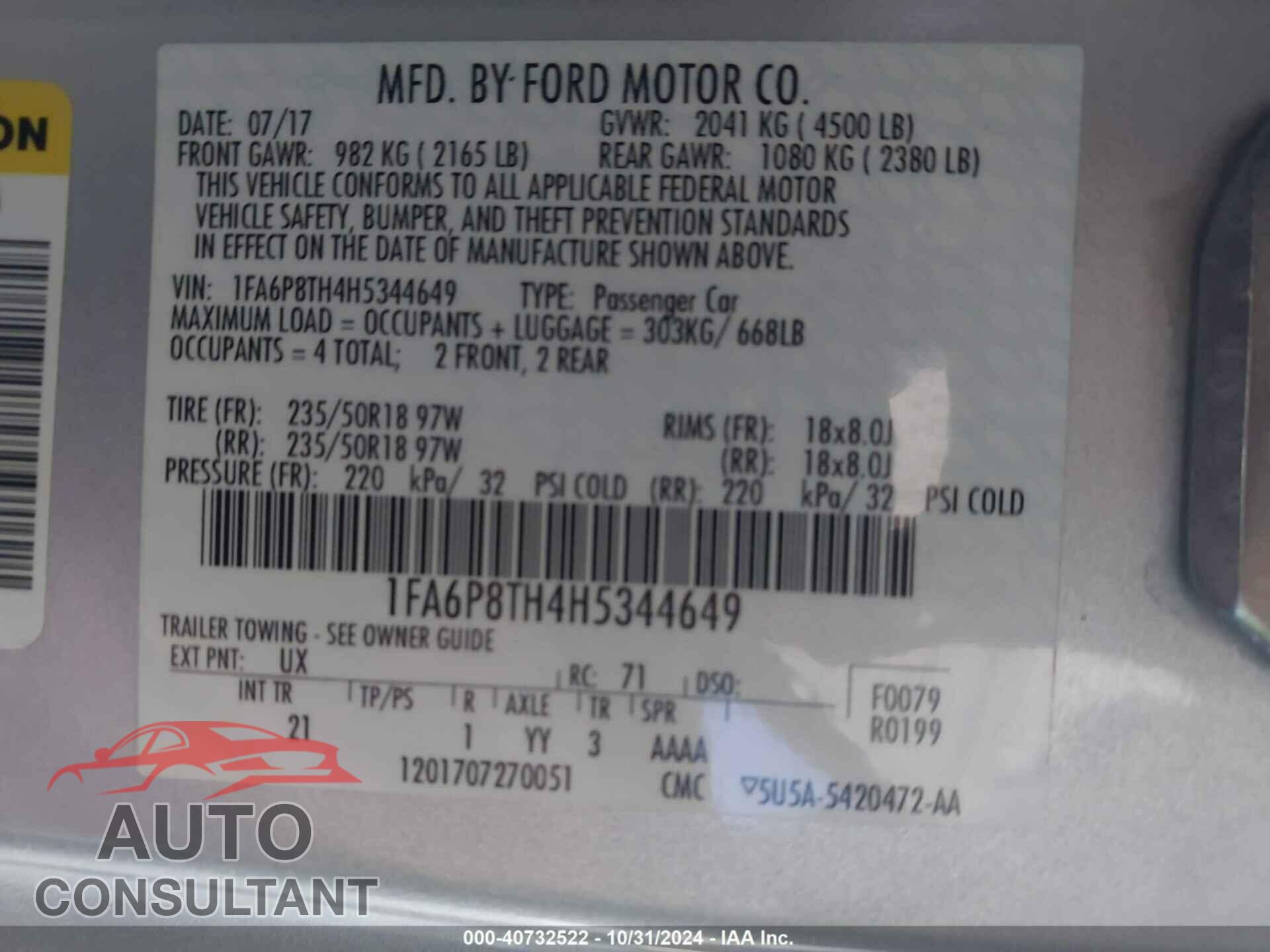 FORD MUSTANG 2017 - 1FA6P8TH4H5344649