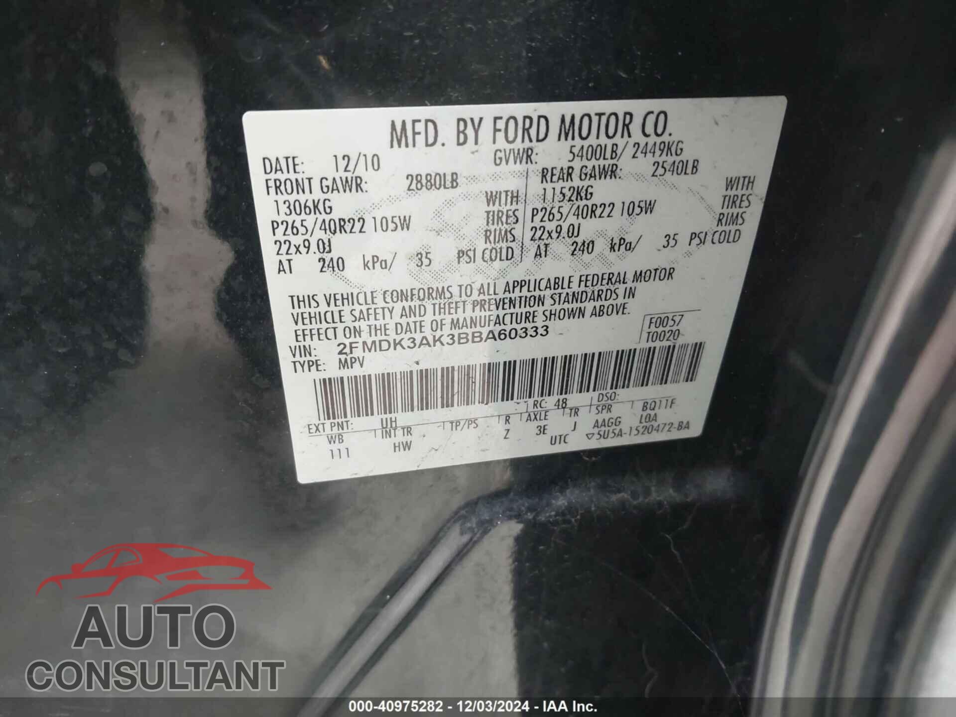 FORD EDGE 2011 - 2FMDK3AK3BBA60333