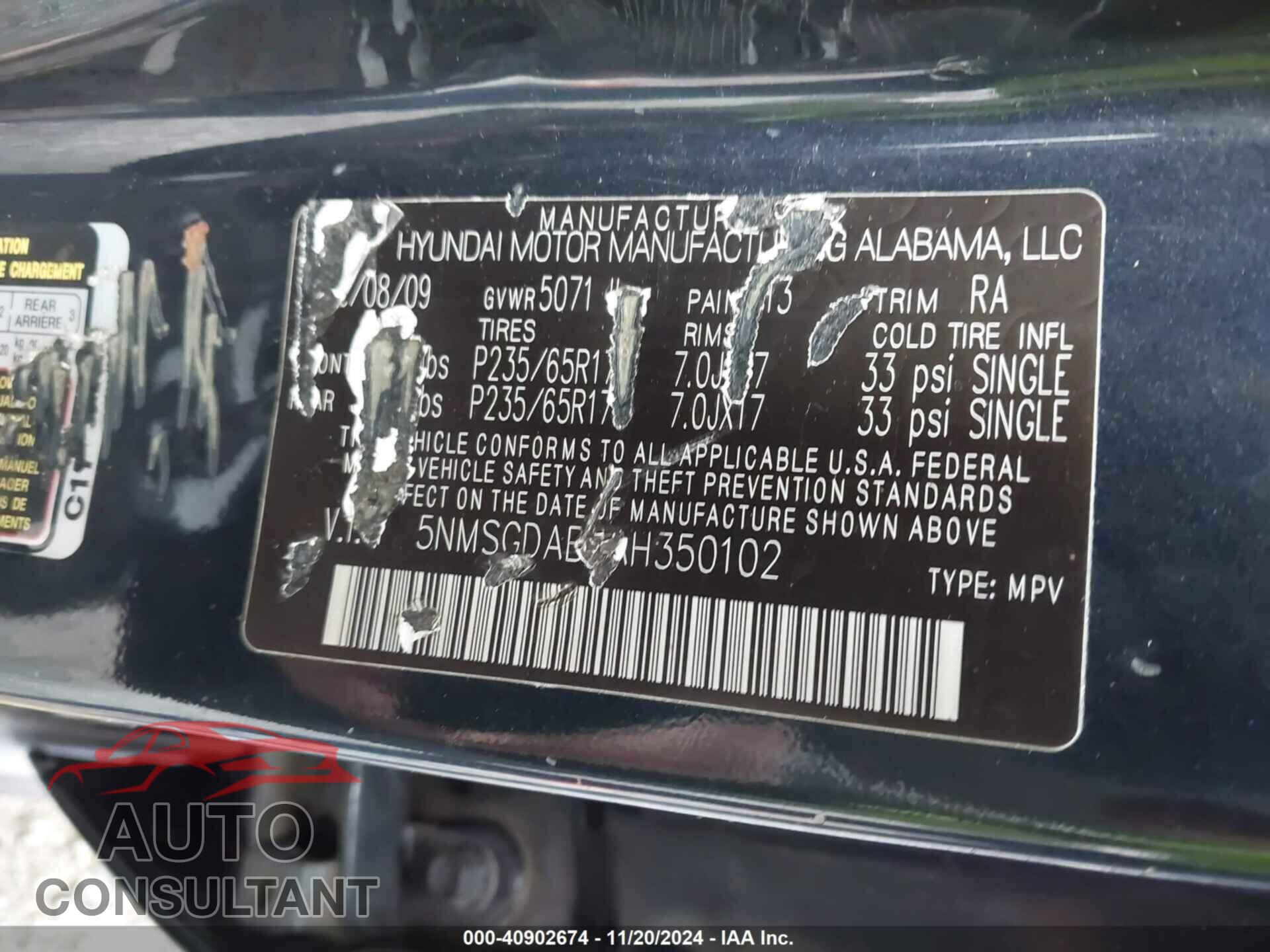 HYUNDAI SANTA FE 2010 - 5NMSGDAB6AH350102